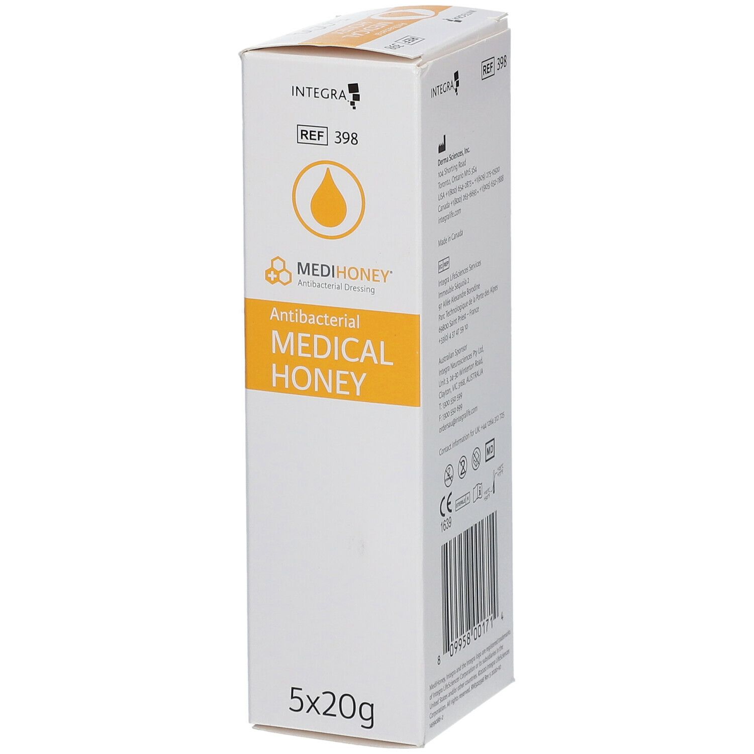 Verpakking van MEDIHONEY Medical Honey. Antibacterieel verband. 5x20g. Witte verpakking met gele details.