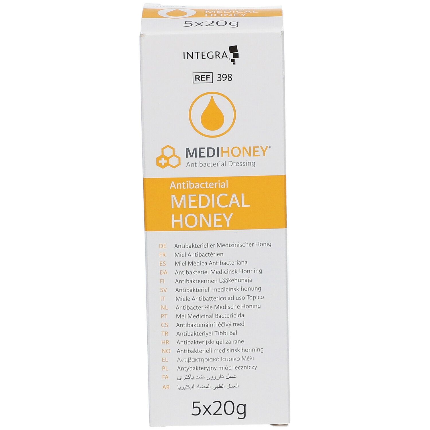 Verpakking van MEDIHONEY Medical Honey. Antibacterieel verband. 5x20g. Meertalige productinformatie.