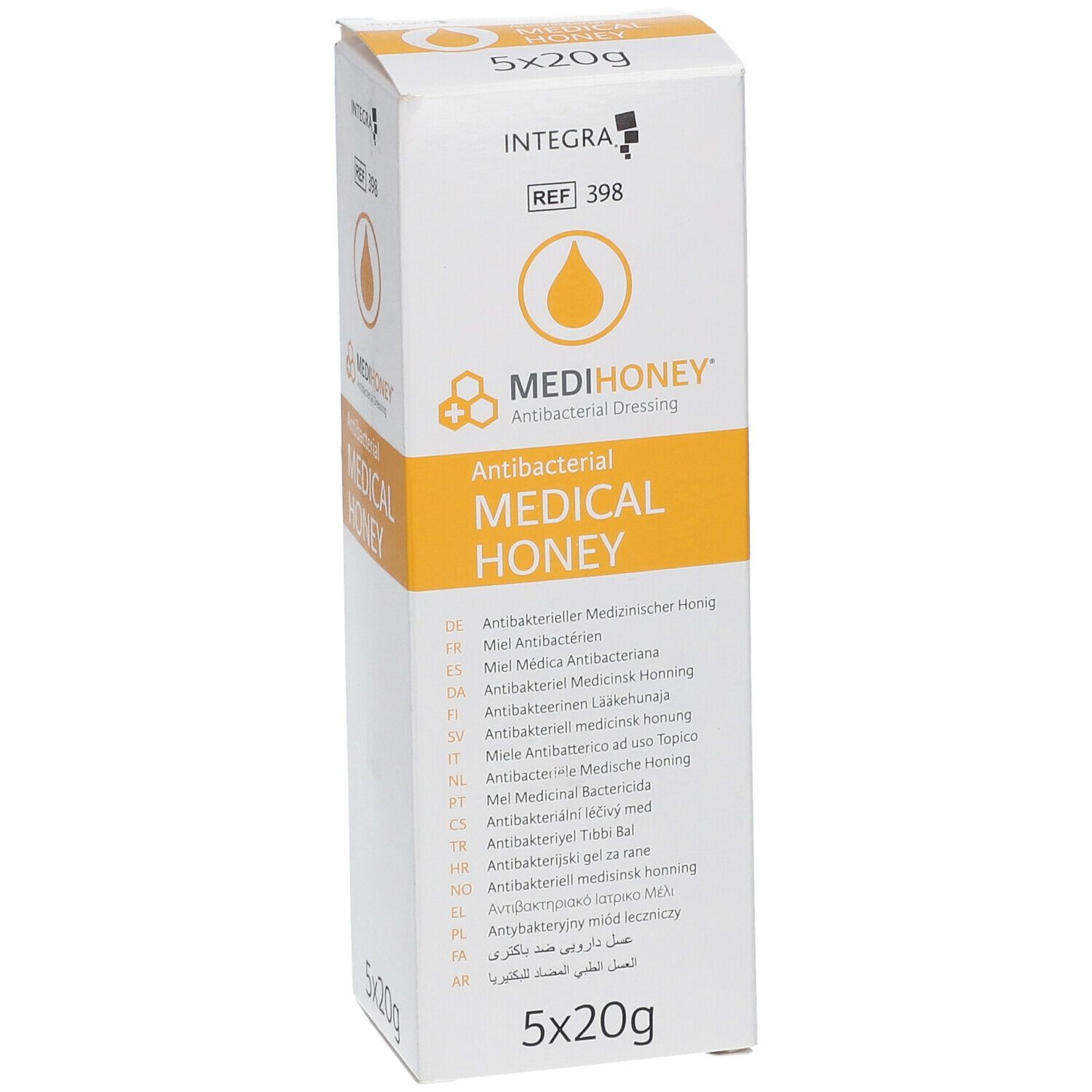 Verpakking van MEDIHONEY Medical Honey. Antibacterieel verband. 5x20g. Schuine weergave van de verpakking.