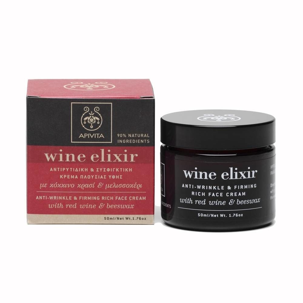 Crèmepot en doos. Opschrift: Apivita Wine Elixir Anti-Wrinkle & Firming Rich Face Cream. 90% natuurlijke ingrediënten.