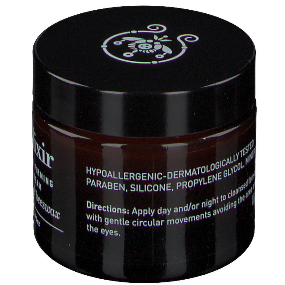Donkerbruine pot met zwarte deksel. Opschrift: Wine Elixir Anti-Wrinkle & Firming Rich Face Cream. Tekst: Gebruiksaanwijzing.