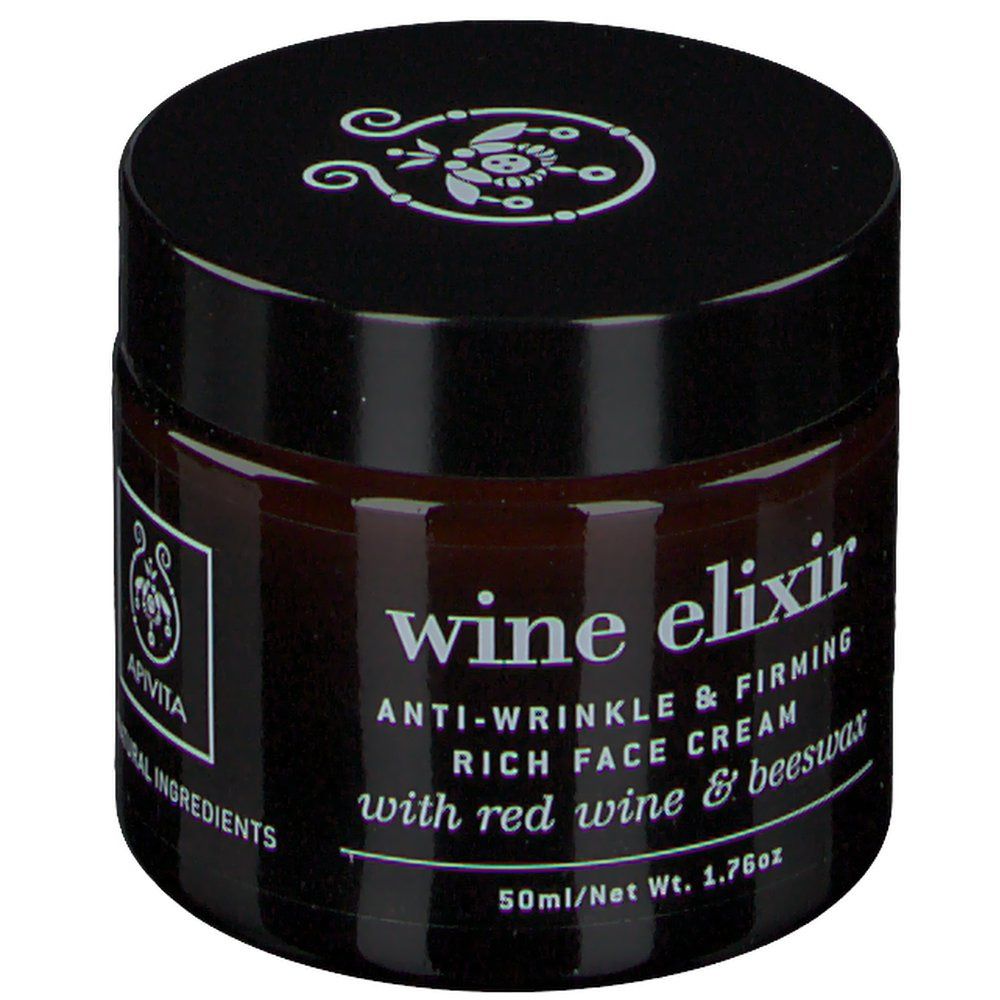 Donkerbruine pot met zwarte deksel. Opschrift: Wine Elixir Anti-Wrinkle & Firming Rich Face Cream. 50ml/Net Wt. 1.76oz.