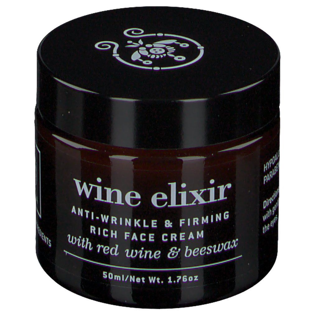 Donkerbruine pot met zwarte deksel. Opschrift: Wine Elixir Anti-Wrinkle & Firming Rich Face Cream. 50ml/Net Wt. 1.76oz.