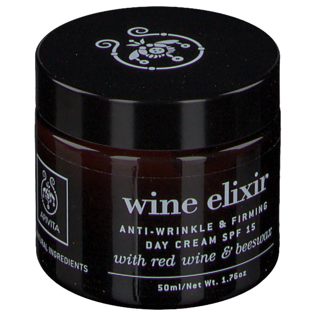 Crème brune en pot de verre avec couvercle noir. Inscription : wine elixir, Anti-Wrinkle & Firming Day Cream SPF 15.