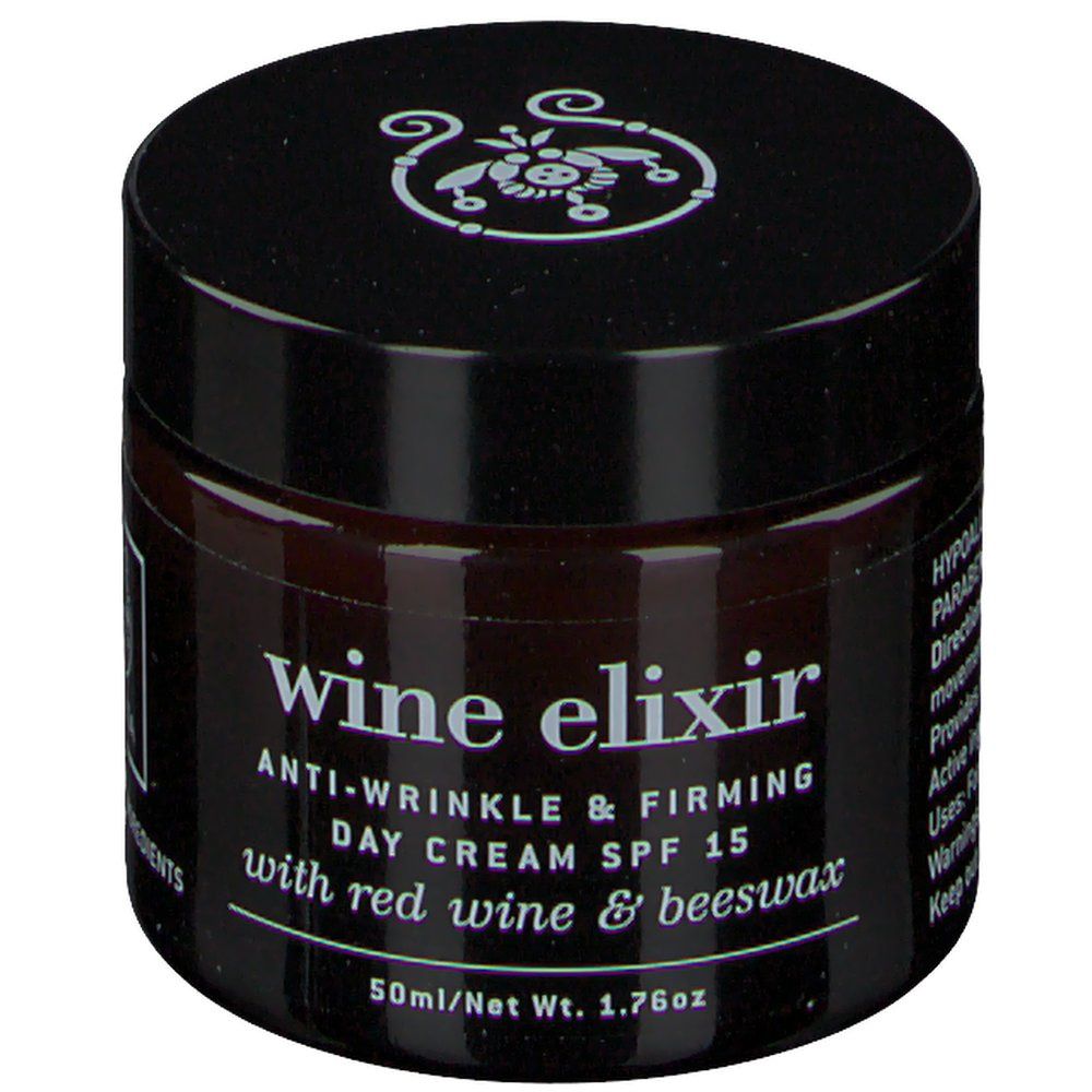 Crème brune en pot de verre avec couvercle noir. Inscription : wine elixir, Anti-Wrinkle & Firming Day Cream SPF 15. 50ml.