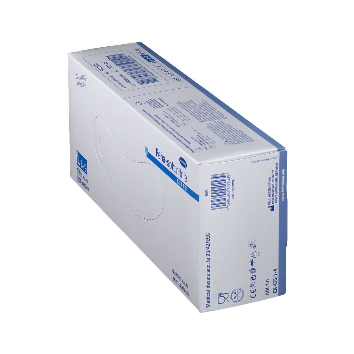 Schräg gestellte Box mit Handschuhen. Aufschrift: Peha-soft nitrile guard. Größe L 8-9. Medizinprodukt nach 93/42/EEC. EN 455.