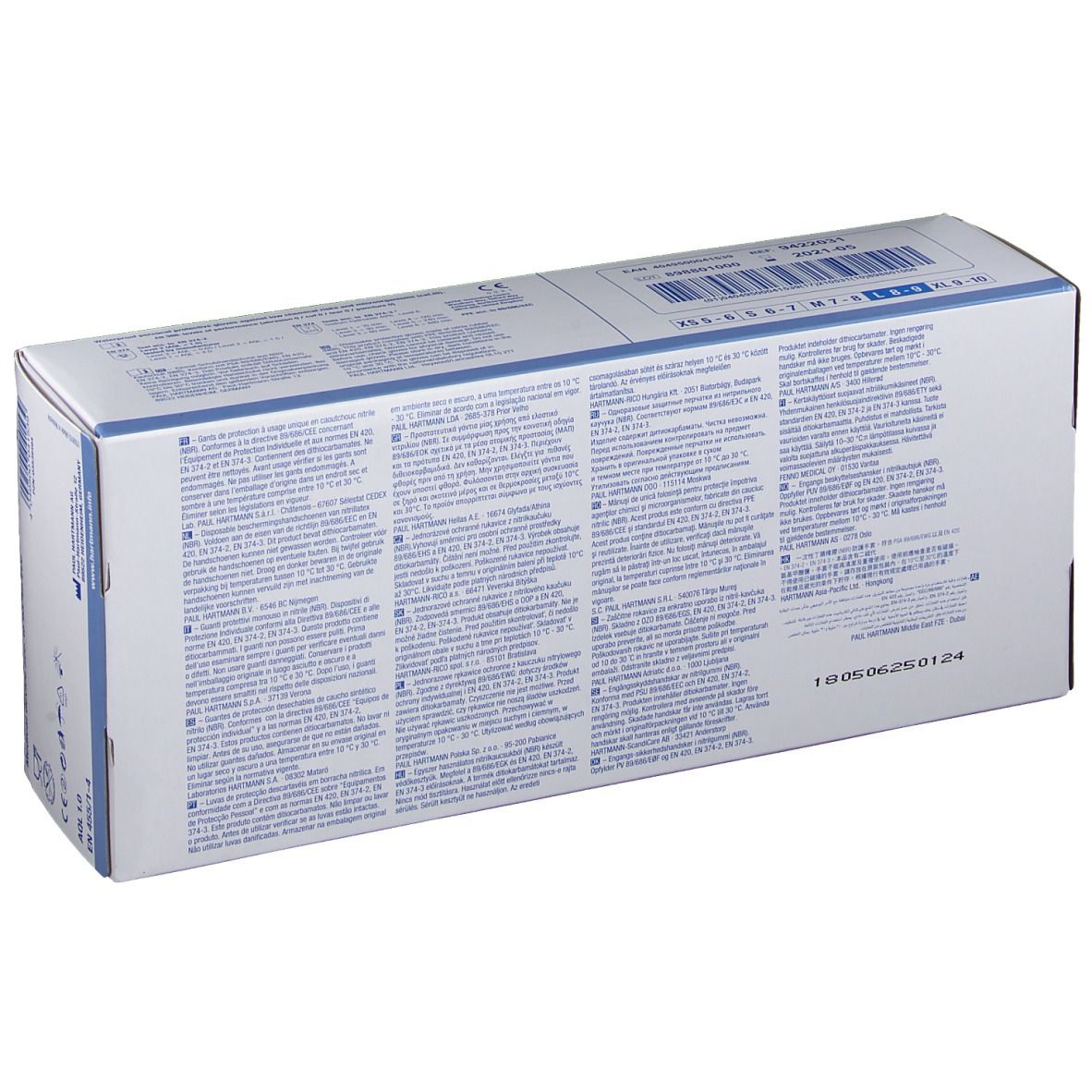 Rückseite einer Handschuhbox. Mehrere Textabschnitte in verschiedenen Sprachen. Barcode und Chargennummer. Medizinprodukt.