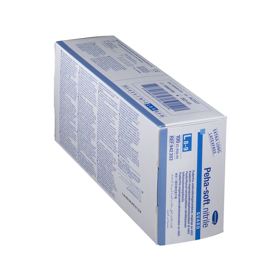 Schräg gestellte Box mit Handschuhen. Aufschrift: Peha-soft nitrile guard, L 8-9. Extra lang, latexfrei. Medizinprodukt.