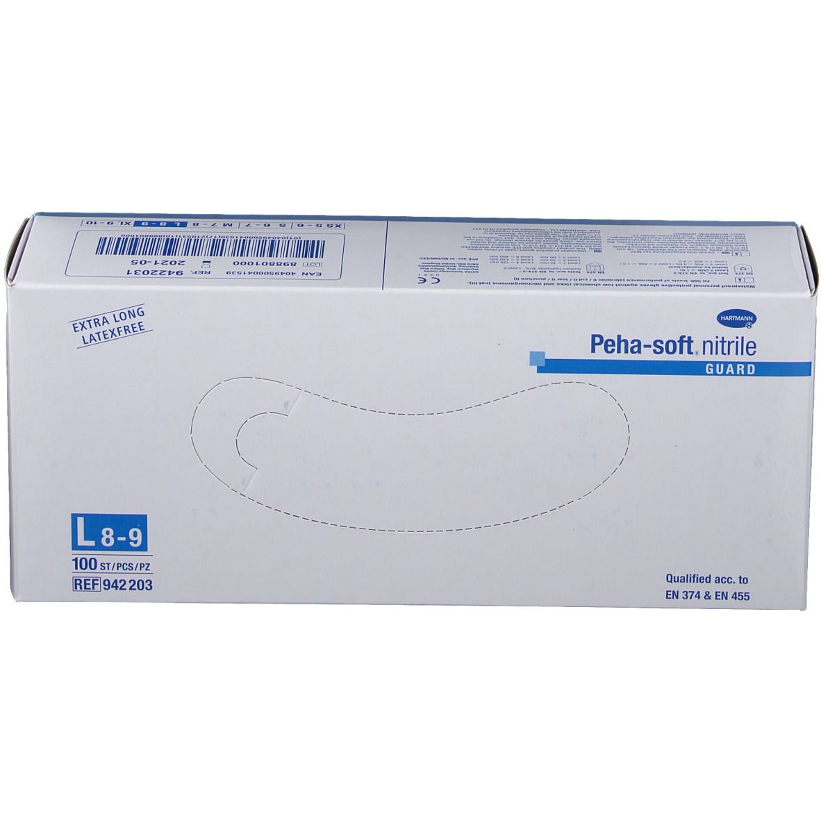 Karton mit Handschuhen. Aufschrift: Peha-soft nitrile guard, L 8-9, 100 Stück. Extra lang, latexfrei. Qualifiziert nach EN 374 & EN 455.