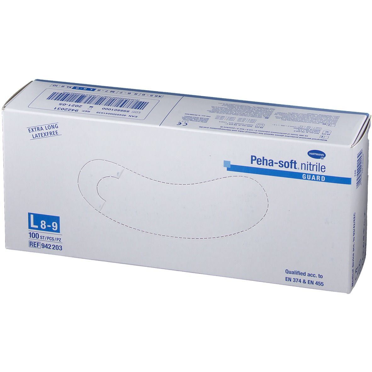 Karton mit Handschuhen. Aufschrift: Peha-soft nitrile guard, L 8-9, 100 Stück. Extra lang, latexfrei. Qualifiziert nach EN 374 & EN 455.