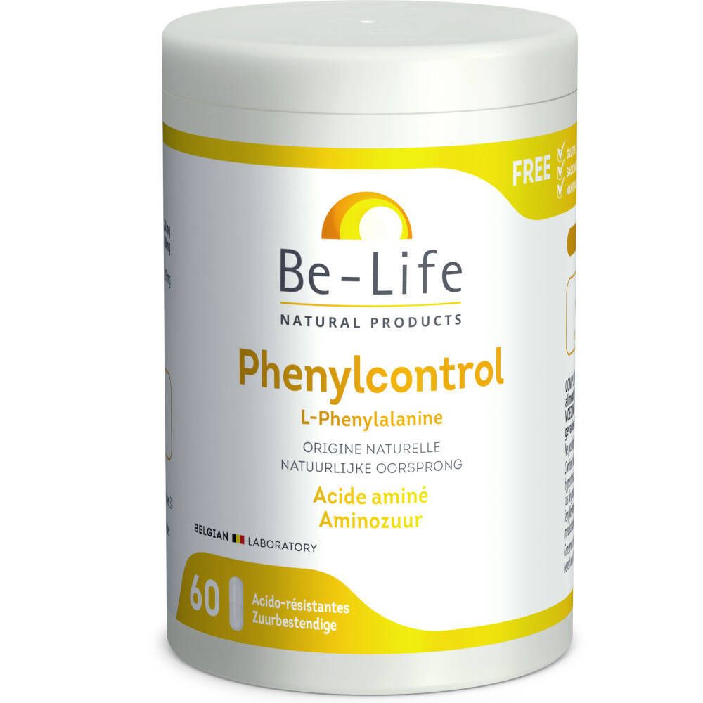 Boîte Be-Life Phenylcontrol. Récipient blanc avec détails jaunes. Inscription Phenylcontrol et 60 gélules.