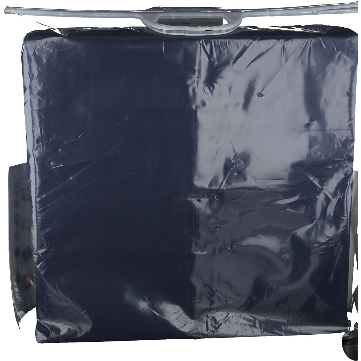 Blauw vierkant kussen in plastic verpakking met handvat.