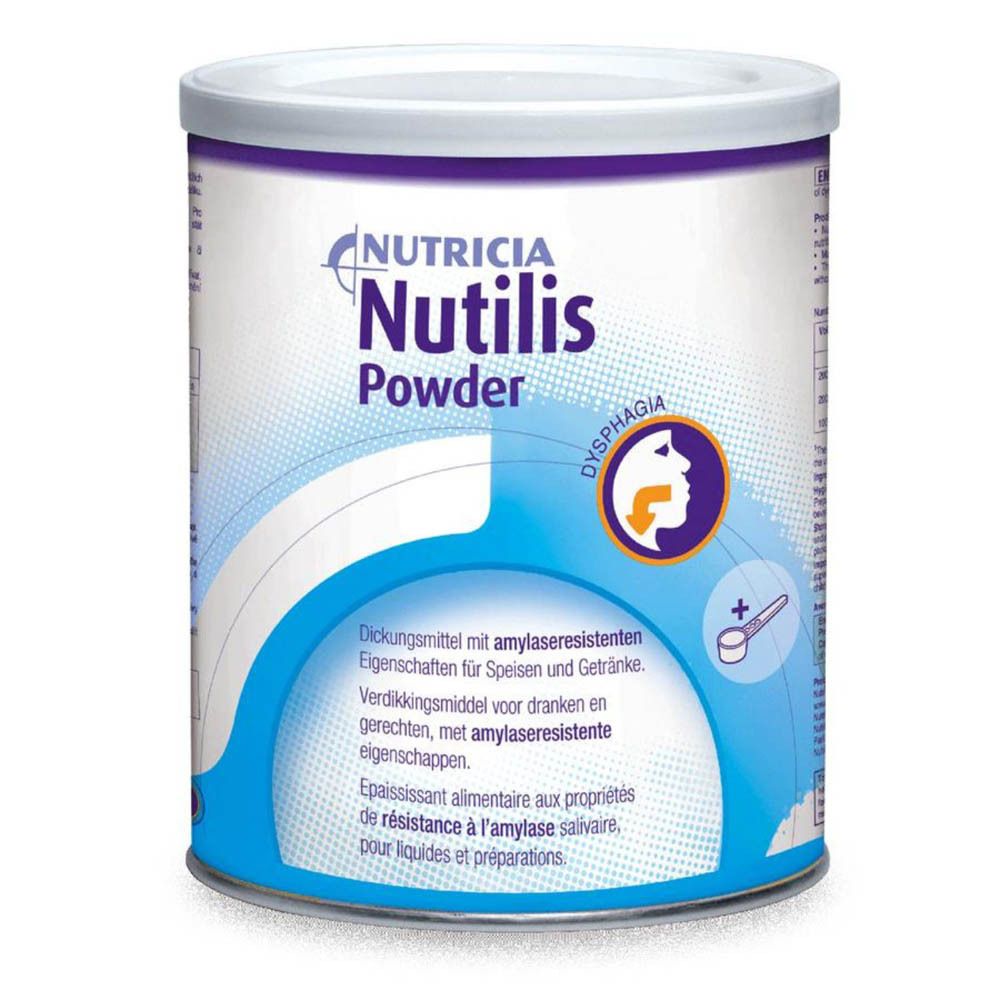 Boîte de poudre. Inscription: Nutricia Nutilis Powder. Emballage bleu et blanc. Illustration de la dysphagie.