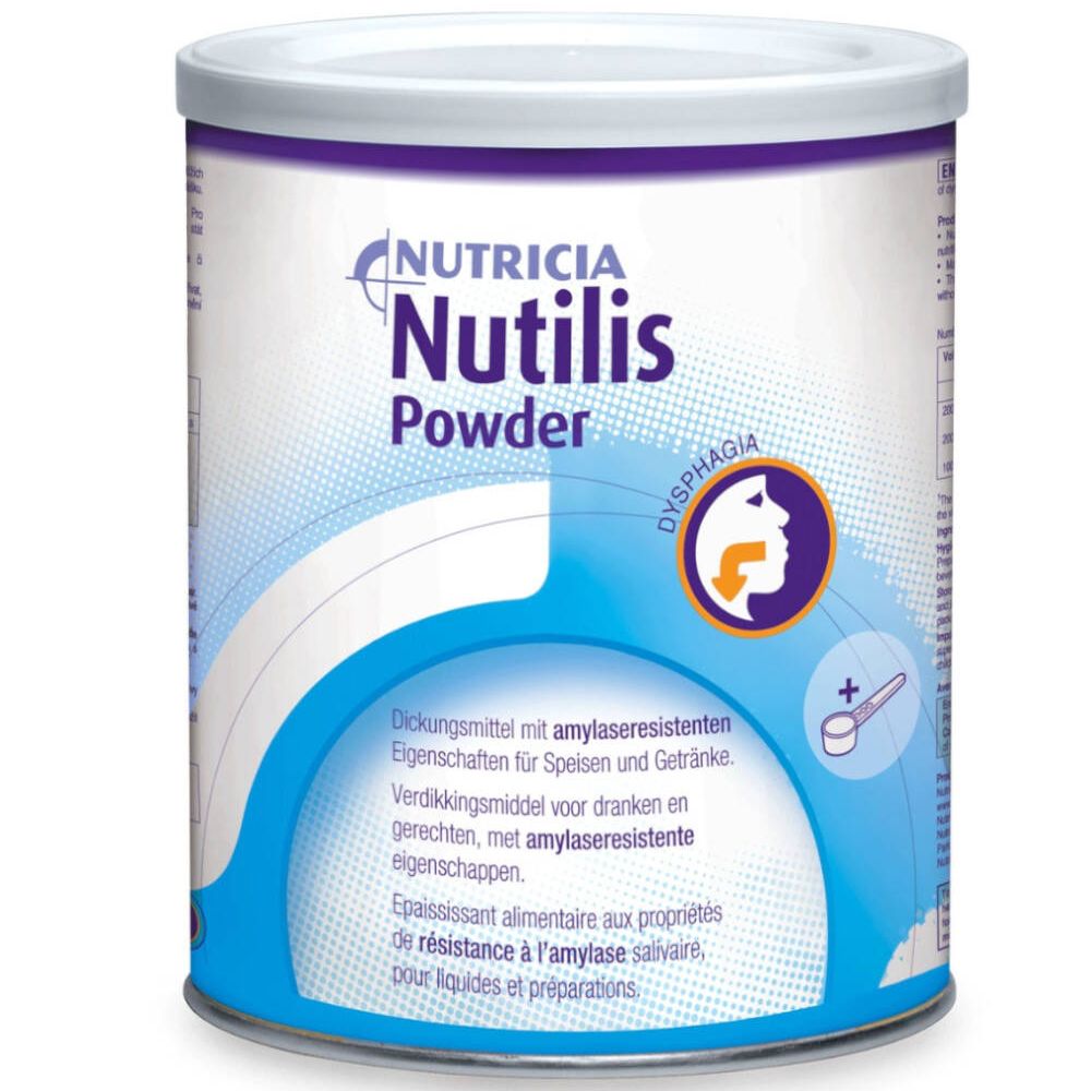 Boîte de poudre. Inscription: Nutricia Nutilis Powder. Emballage bleu et blanc. Illustration de la dysphagie.