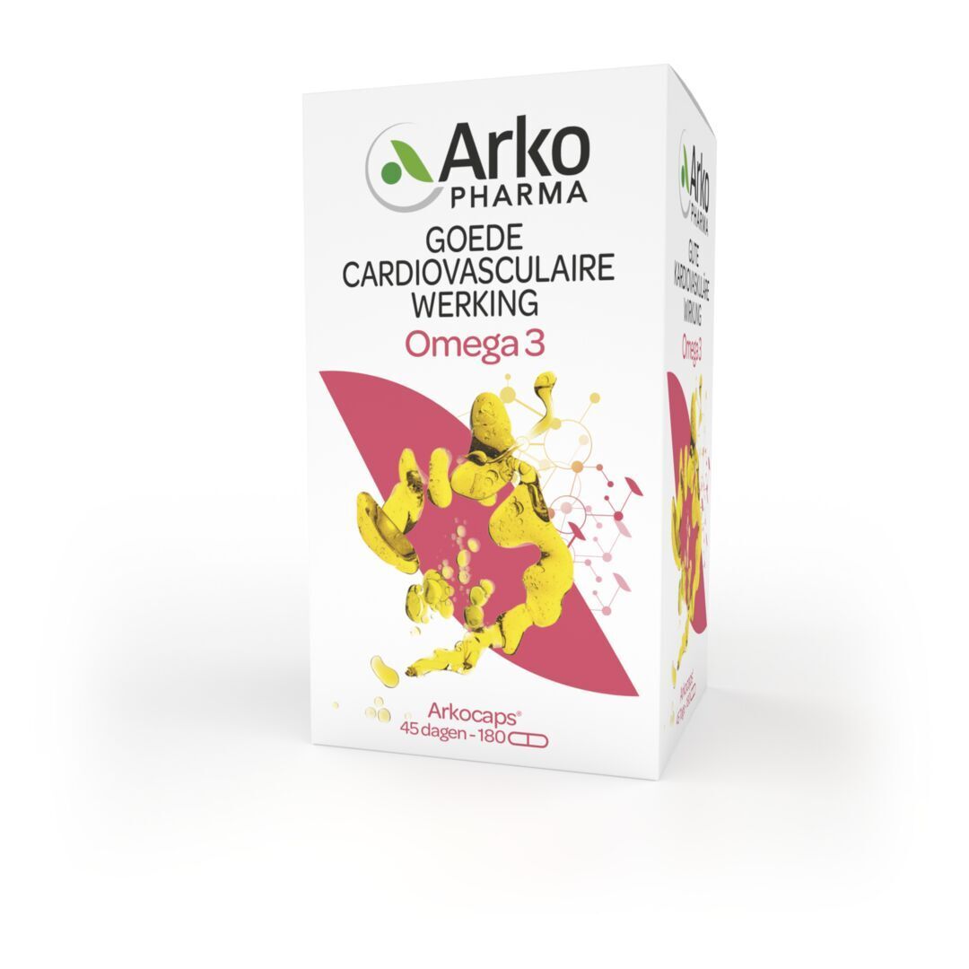 Weiße Schachtel mit Arkopharma Omega 3. Produktinformationen und Marke Arkopharma.