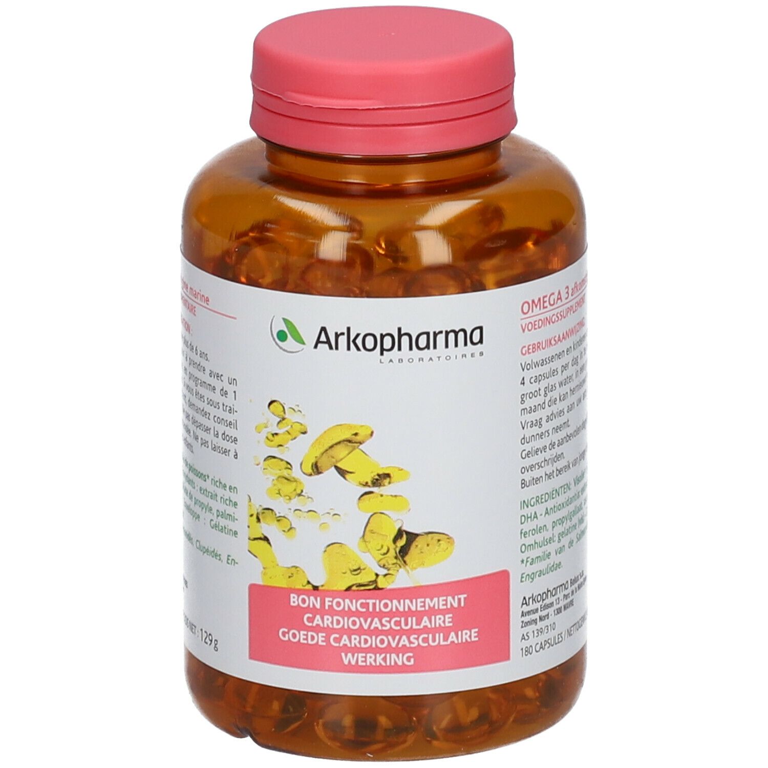 Braune Flasche mit Kapseln. Rosa Deckel. Etikett mit Produktinformationen und Marke Arkopharma.