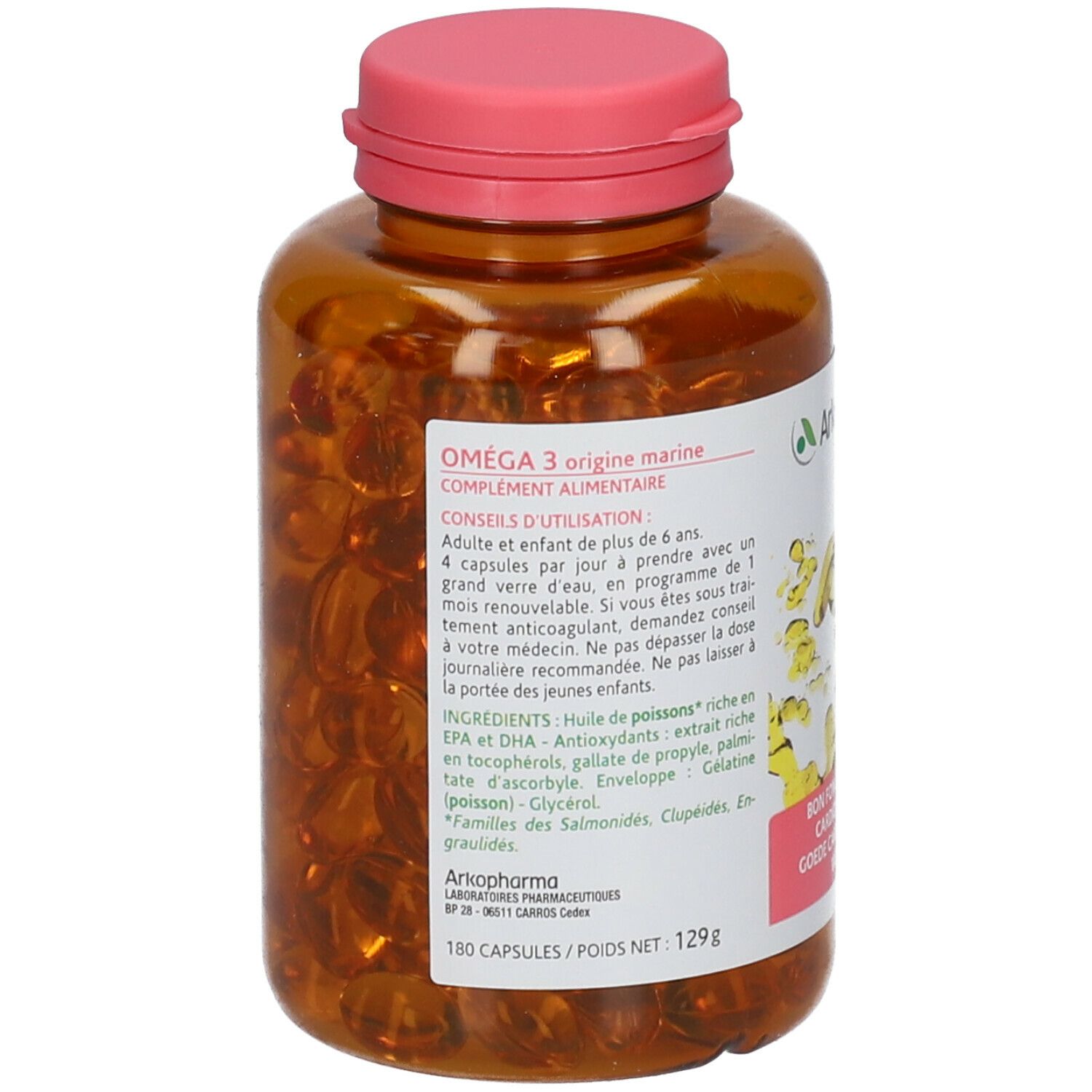 Braune Flasche mit Kapseln. Rosa Deckel. Etikett mit Produktinformationen und Marke Arkopharma.