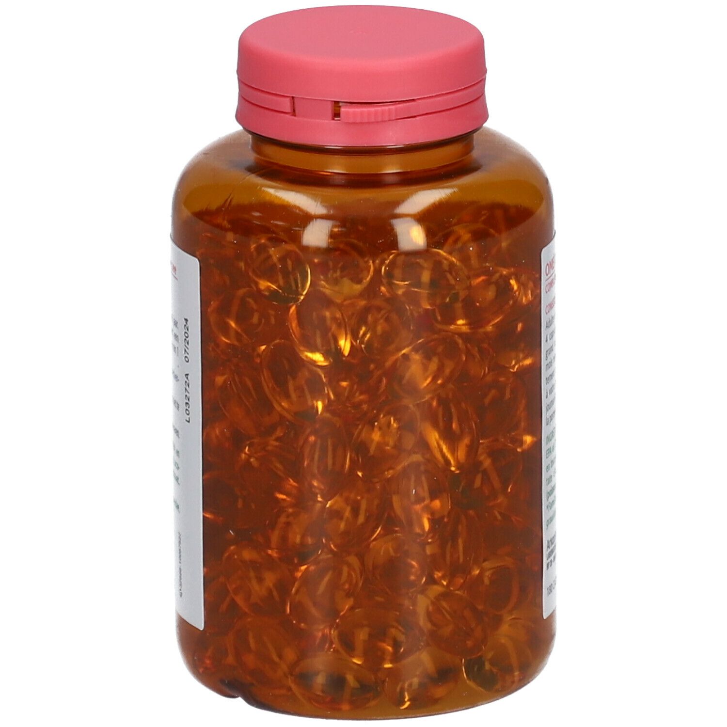 Braune Flasche mit Kapseln. Rosa Deckel. Etikett mit Produktinformationen.
