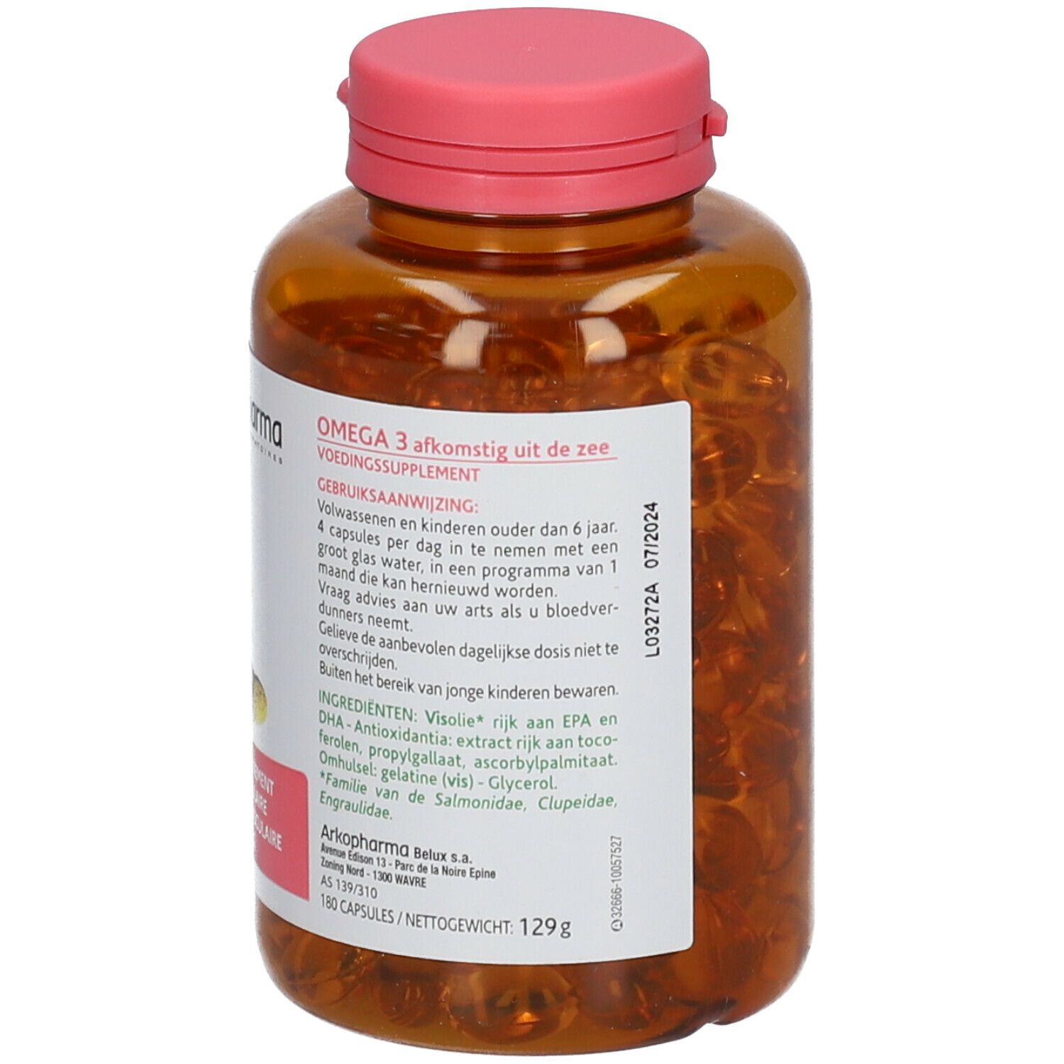 Braune Flasche mit Kapseln. Rosa Deckel. Etikett mit Produktinformationen und Marke Arkopharma.