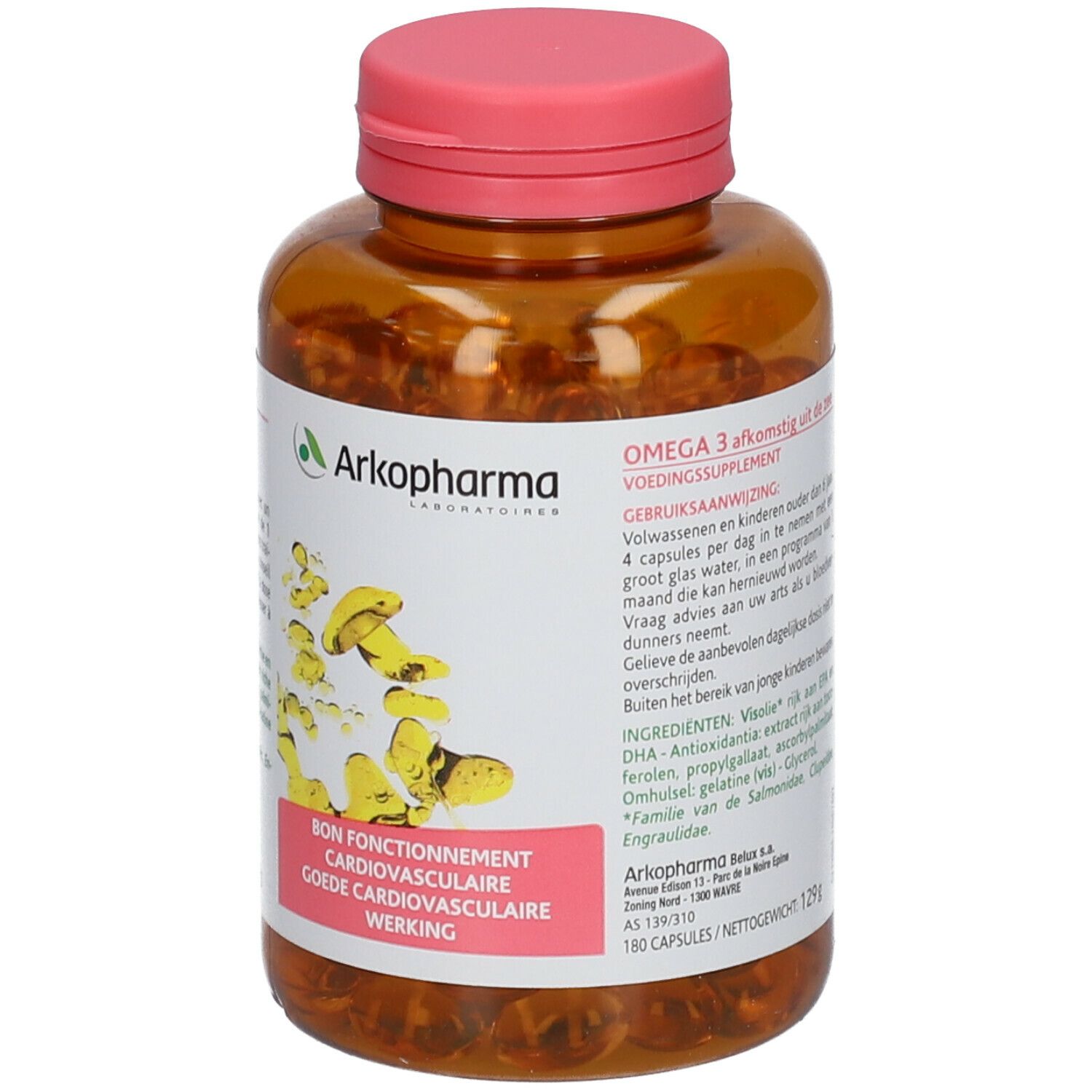 Braune Flasche mit Kapseln. Rosa Deckel. Etikett mit Produktinformationen und Marke Arkopharma.