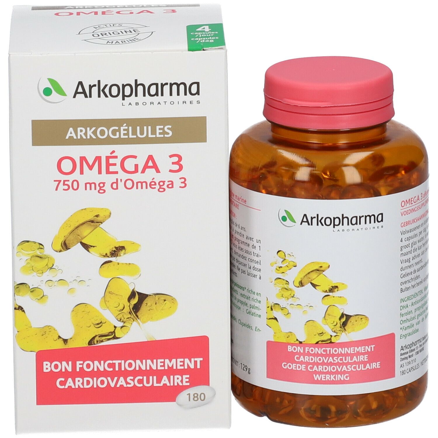 Produkt und Verpackung. Weiße Schachtel mit Arkogélules Omega 3. Flasche mit Kapseln daneben.