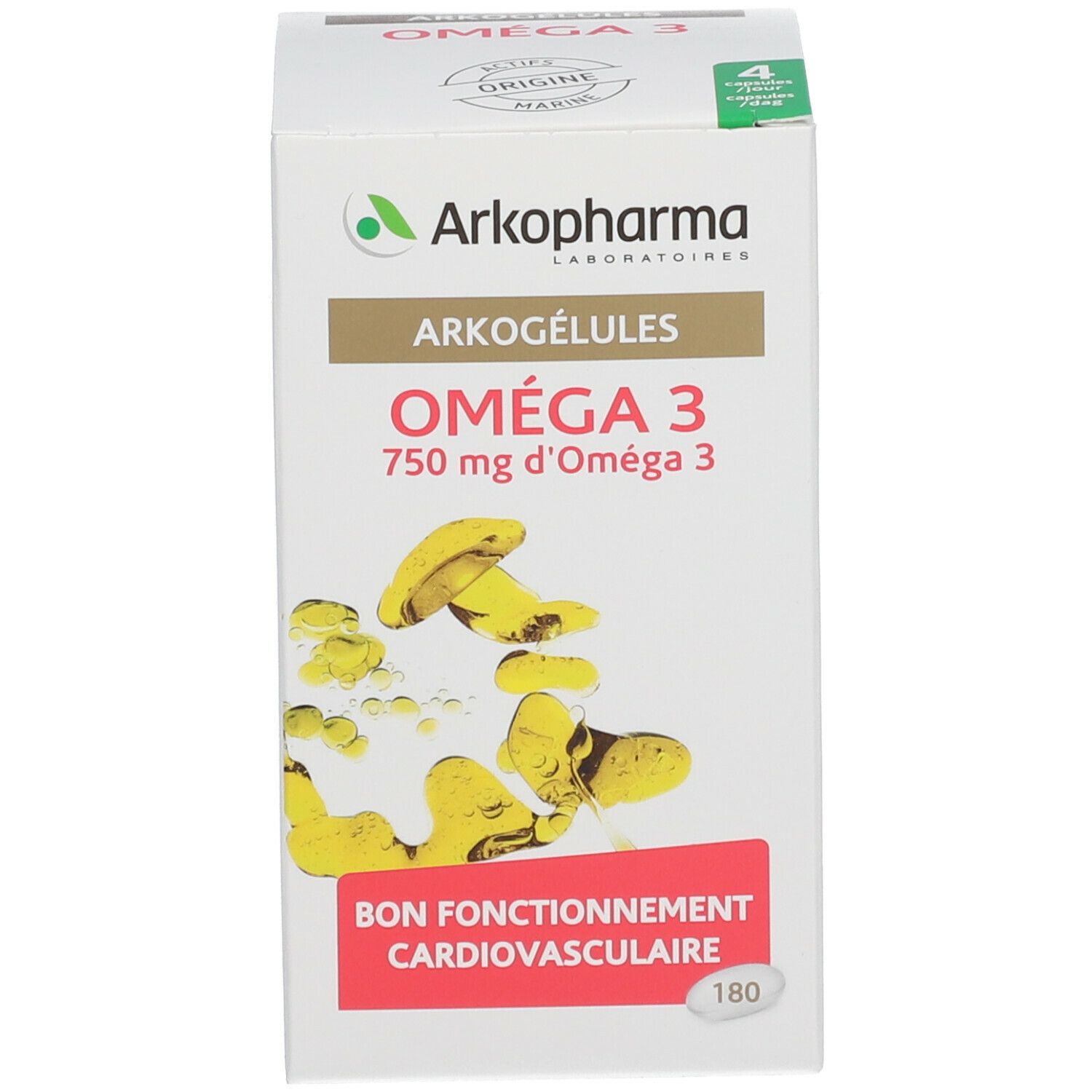 Weiße Schachtel mit Arkogélules Omega 3. Produktinformationen und Marke Arkopharma.