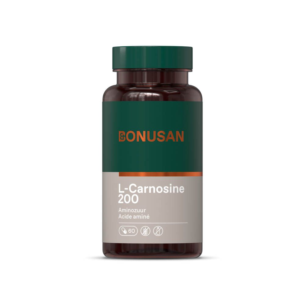 Flacon marron avec couvercle vert. Inscription : Bonusan, L-Carnosine 200. Acide aminé. 60 gélules.