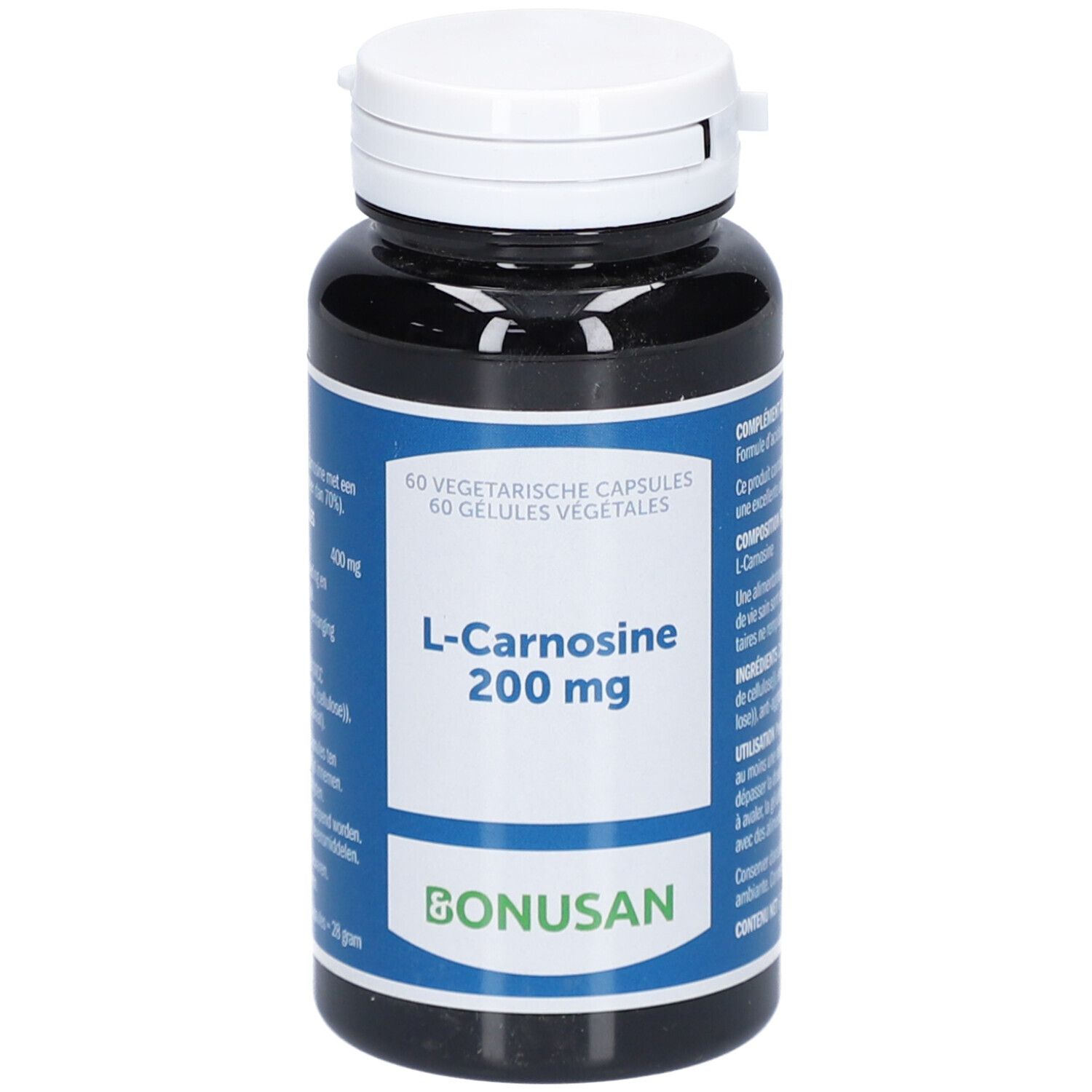 Donkere fles met witte dop. Opschrift: L-Carnosine 200 mg, 60 vegetarische capsules. Merk: Bonusan.