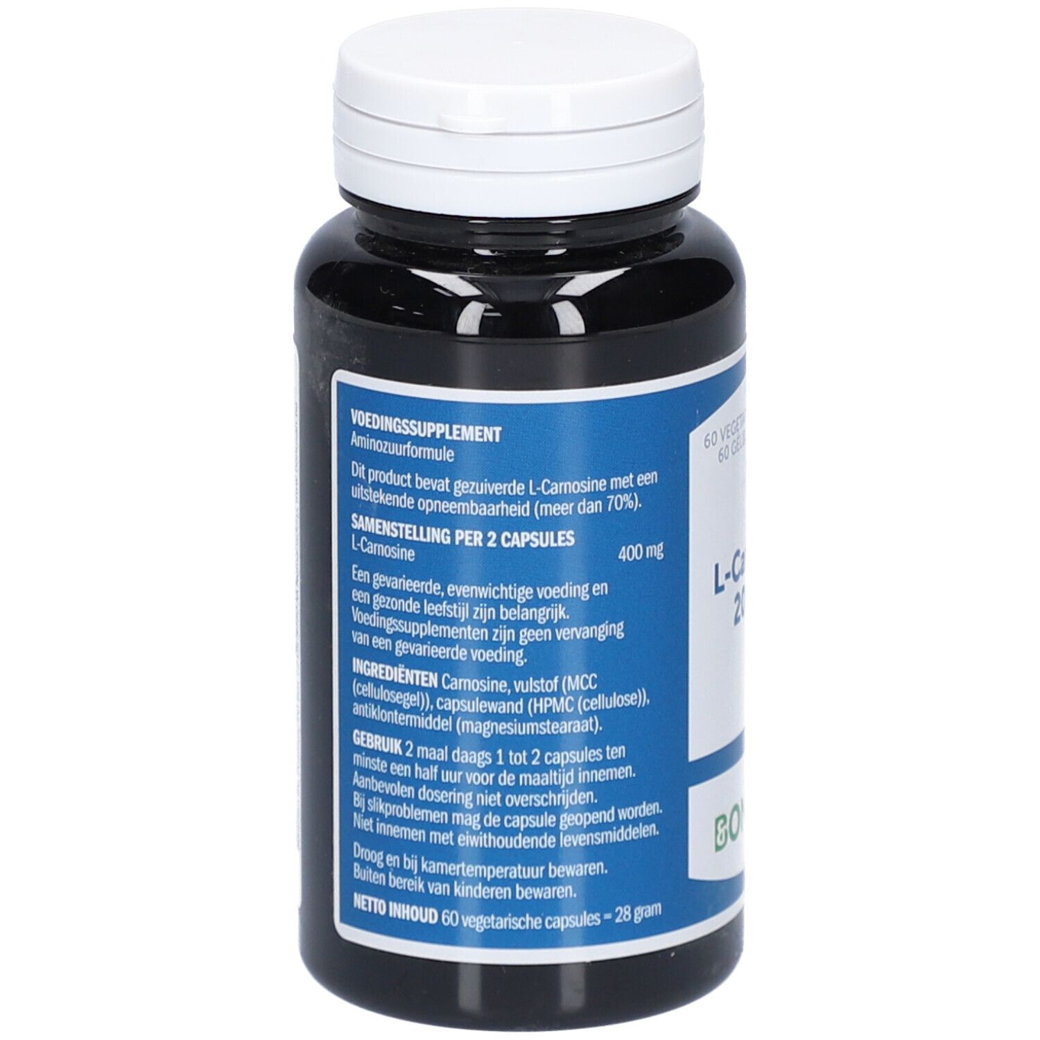 Achterkant van de fles. Tekst: Voedingssupplement. L-Carnosine. Ingrediënten, gebruiksaanwijzing. Merk: Bonusan.
