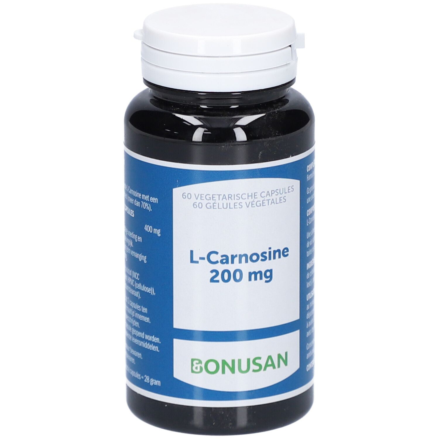 Donkere fles met witte dop. Opschrift: L-Carnosine 200 mg, 60 vegetarische capsules. Merk: Bonusan.