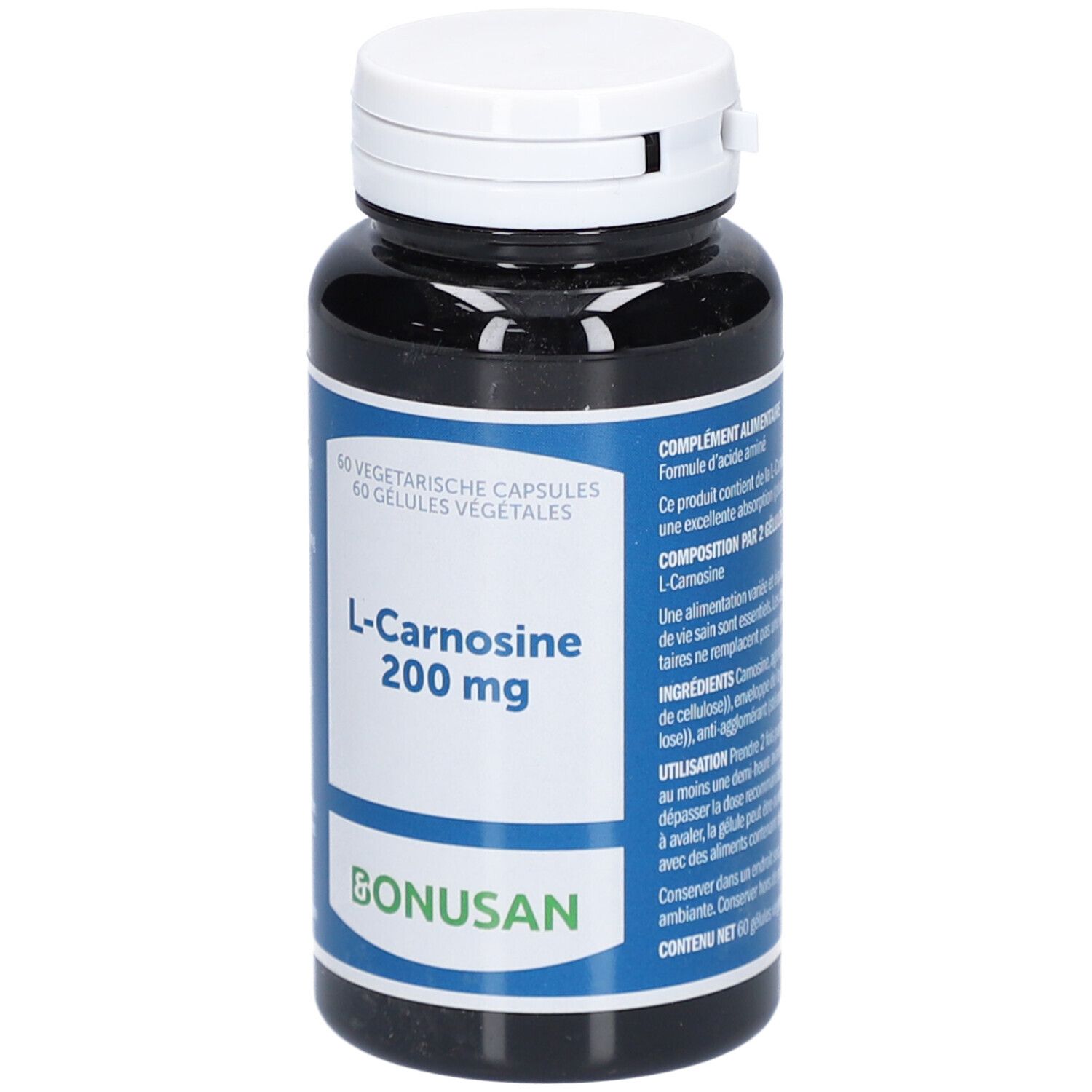 Donkere fles met witte dop. Opschrift: L-Carnosine 200 mg, 60 vegetarische capsules. Merk: Bonusan.