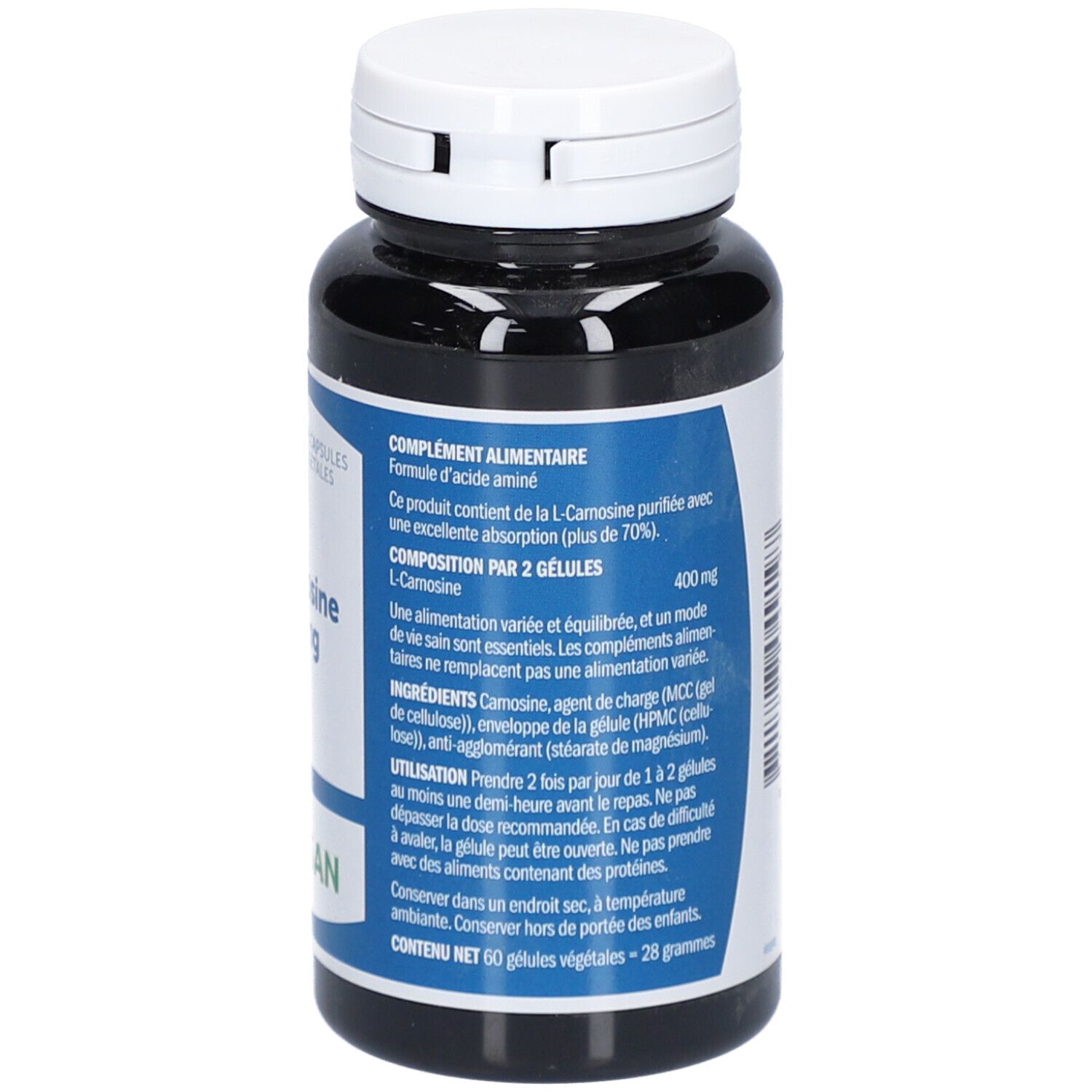 Achterkant van de fles. Tekst: Voedingssupplement. L-Carnosine. Ingrediënten, gebruiksaanwijzing. Merk: Bonusan.