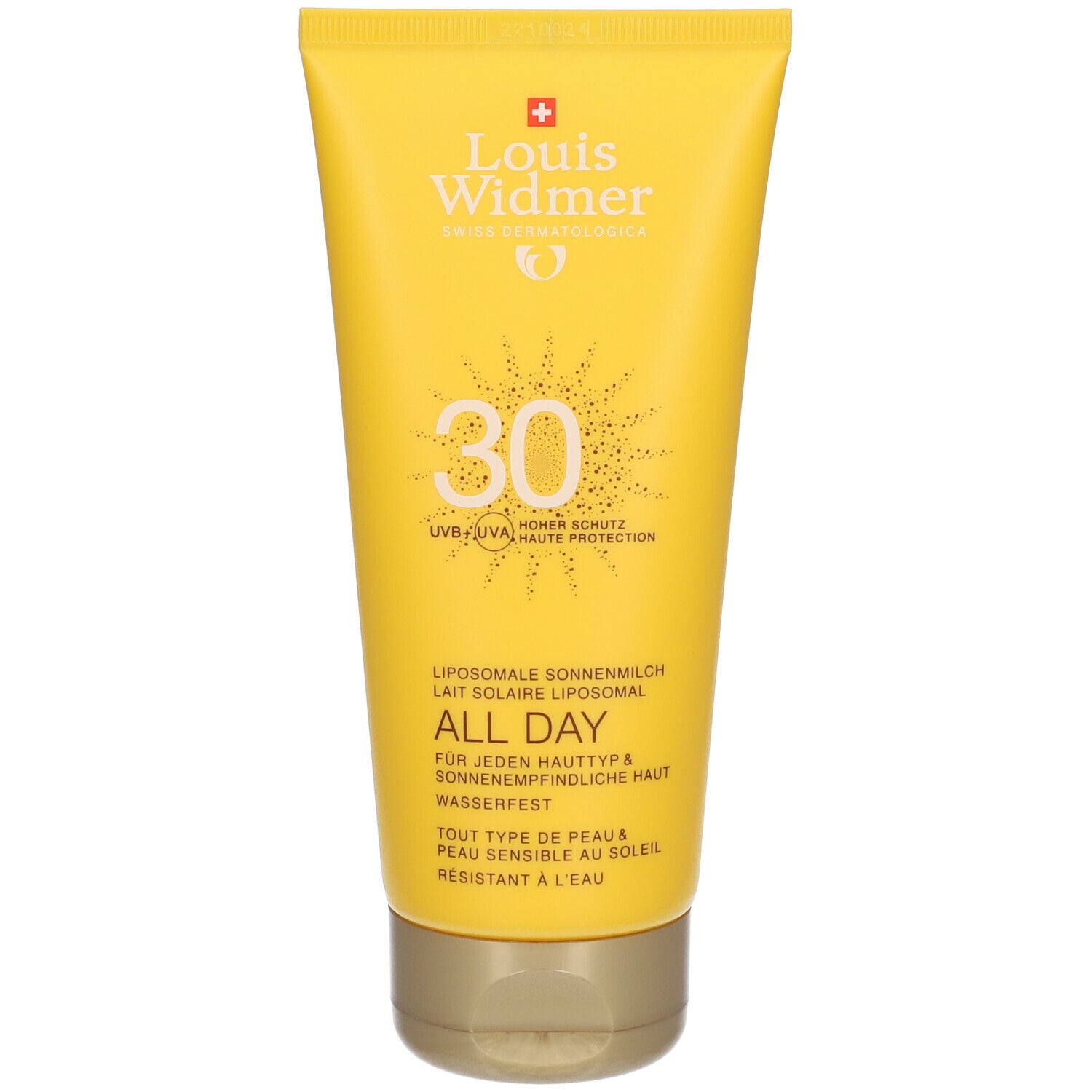 Tube jaune de lait solaire. Inscriptions: Louis Widmer, 30, All Day, Lait Solaire Liposomal. Bouchon doré.