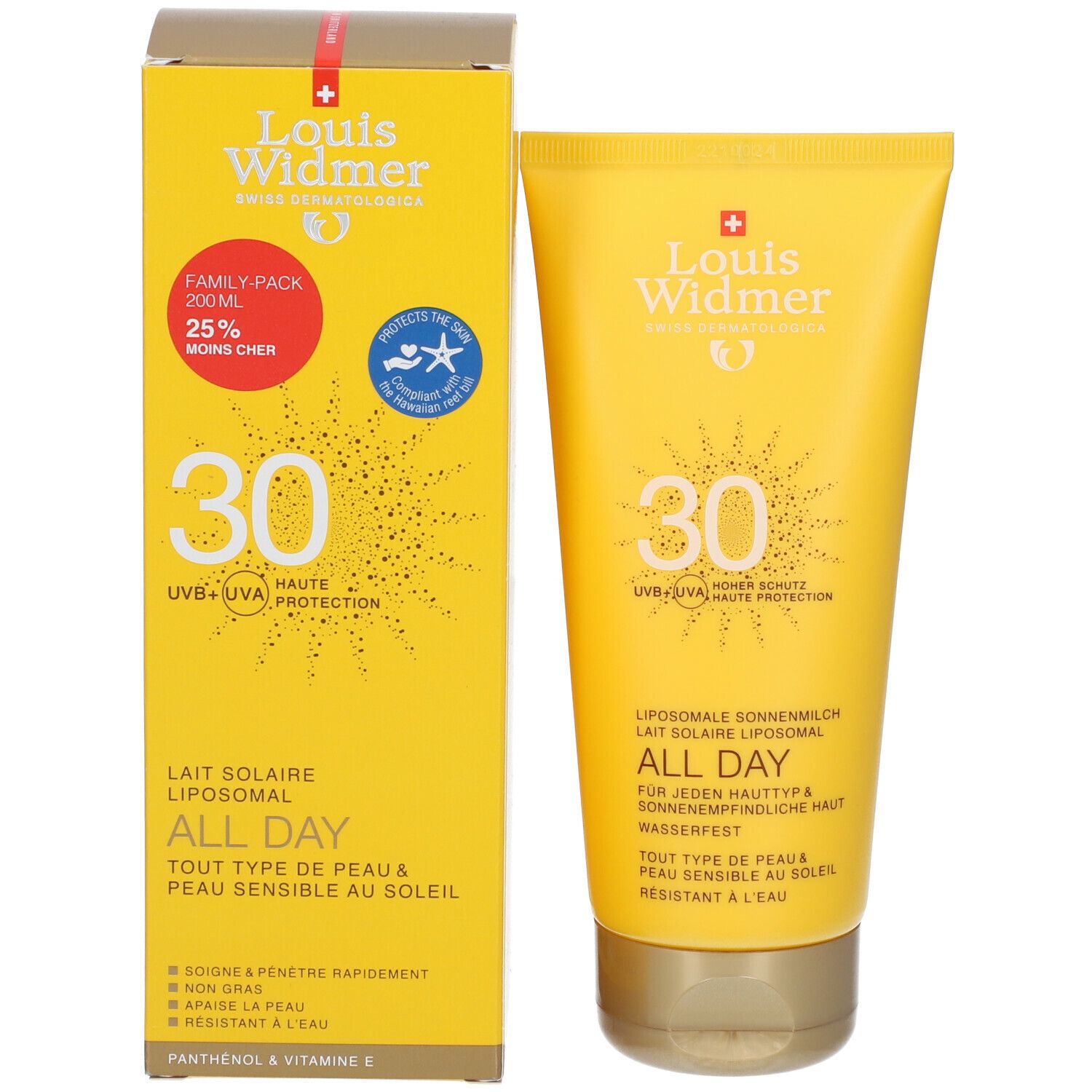 Tube et boîte de lait solaire. Inscriptions: Louis Widmer, 30, All Day, Lait Solaire Liposomal. Format familial. 25% moins cher.