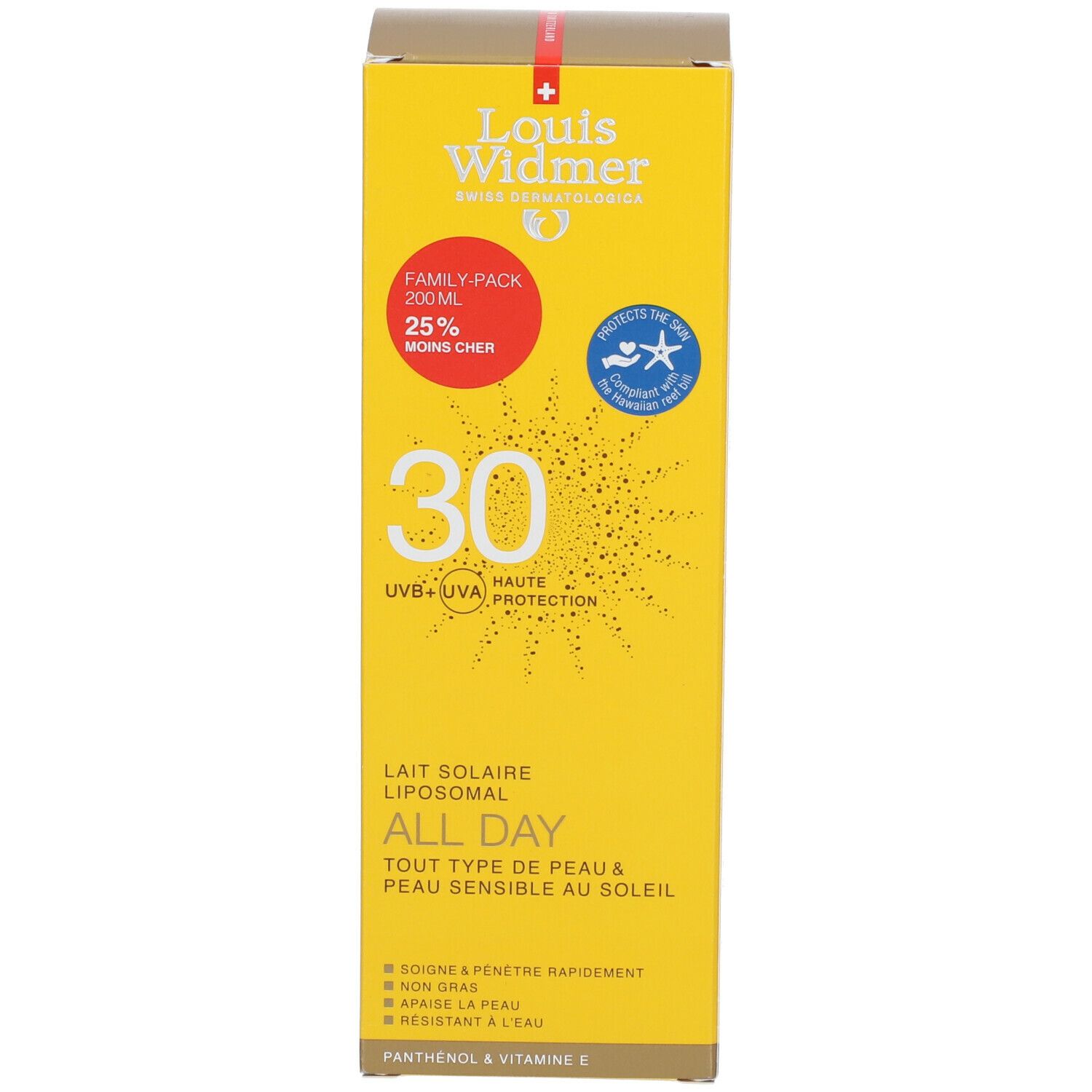 Boîte jaune de lait solaire. Inscriptions: Louis Widmer, 30, All Day, Lait Solaire Liposomal. Format familial. 25% moins cher.