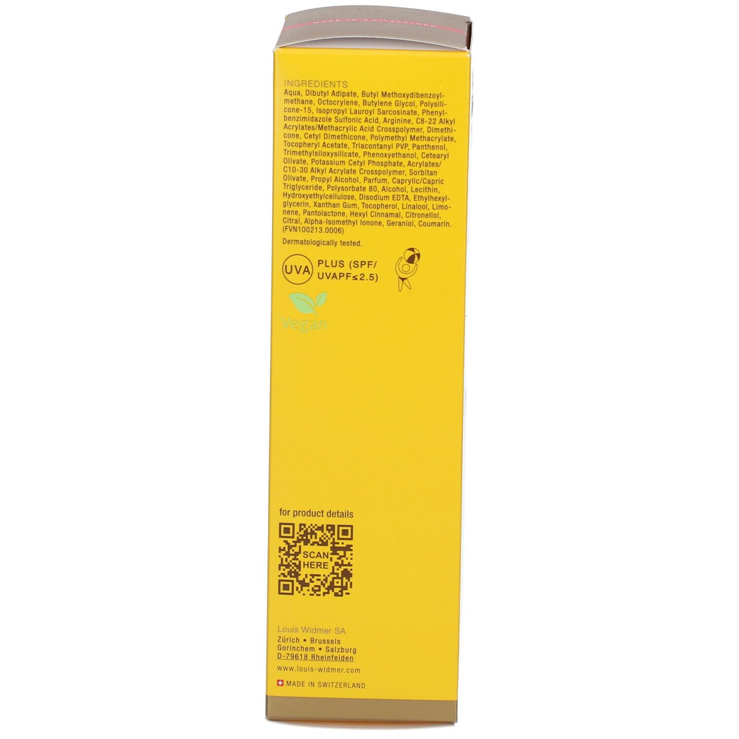 Boîte jaune de lait solaire. Inscriptions: Ingrédients, Plus (UVA), UVAPF 2.5. Code QR. Informations fabricant.