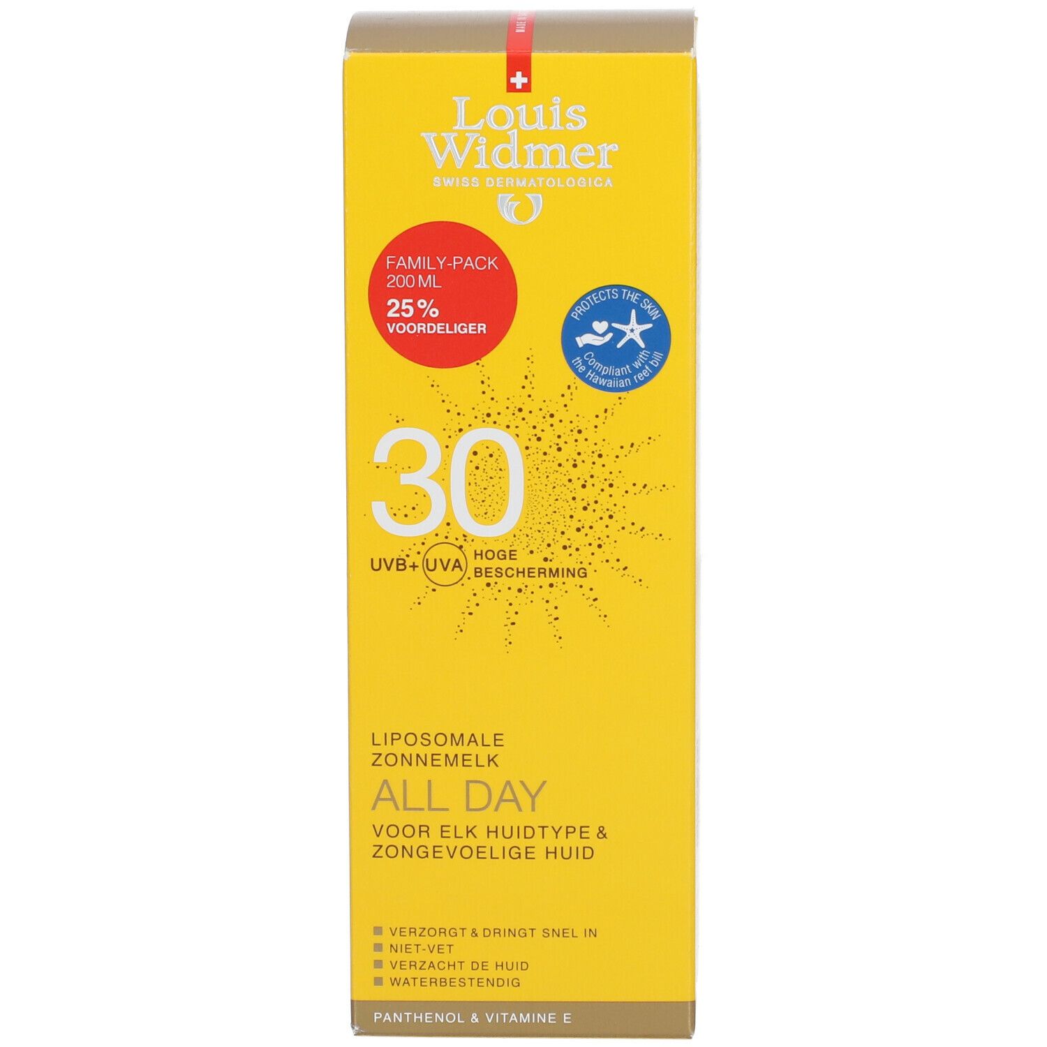 Boîte jaune de lait solaire. Inscriptions: Louis Widmer, 30, All Day, Lait Solaire Liposomal. Format familial. 25% moins cher.