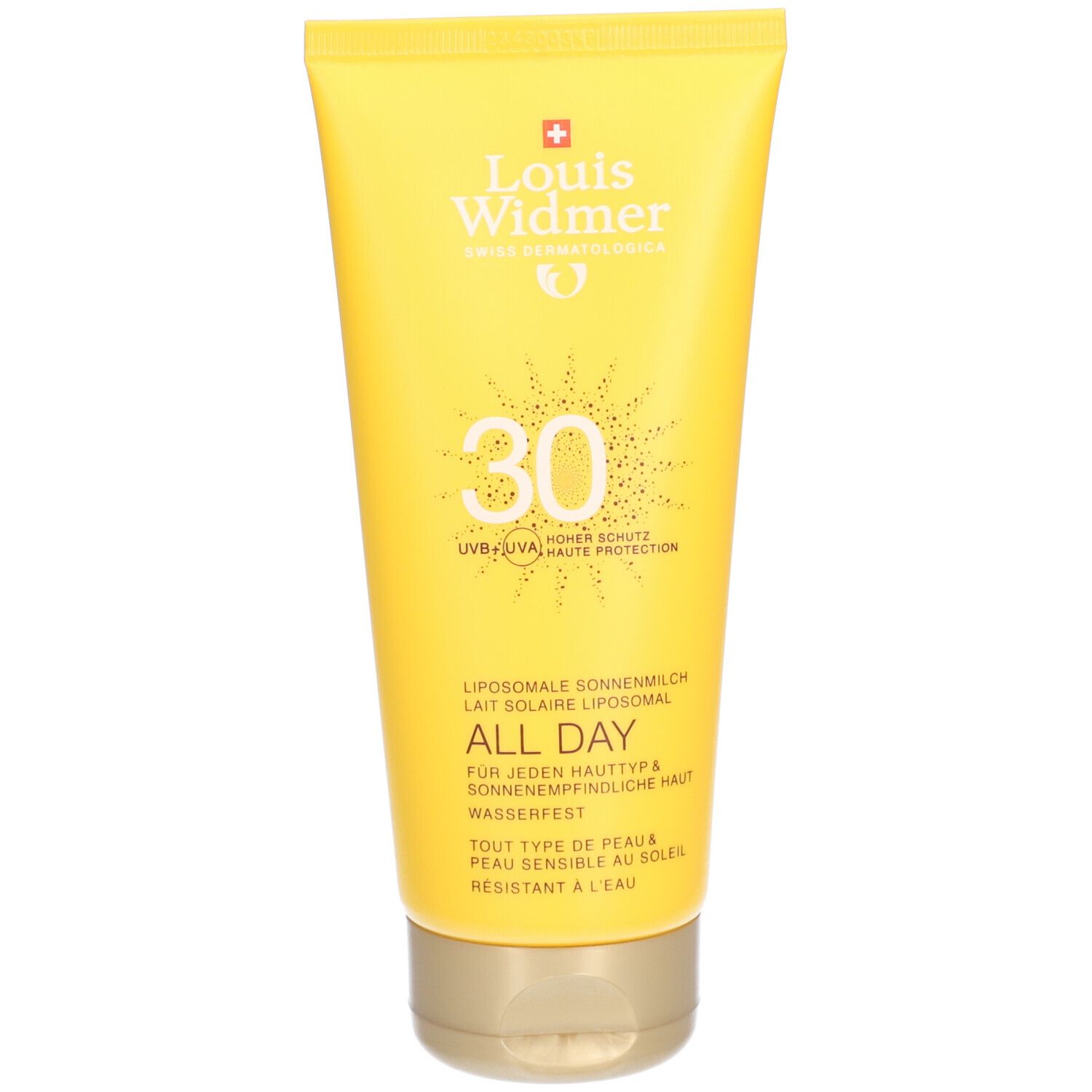 Gele tube zonnebrandcrème. Opschrift: 30, All Day, UVB+UVA Protection. Gouden dop. Merk: Louis Widmer.