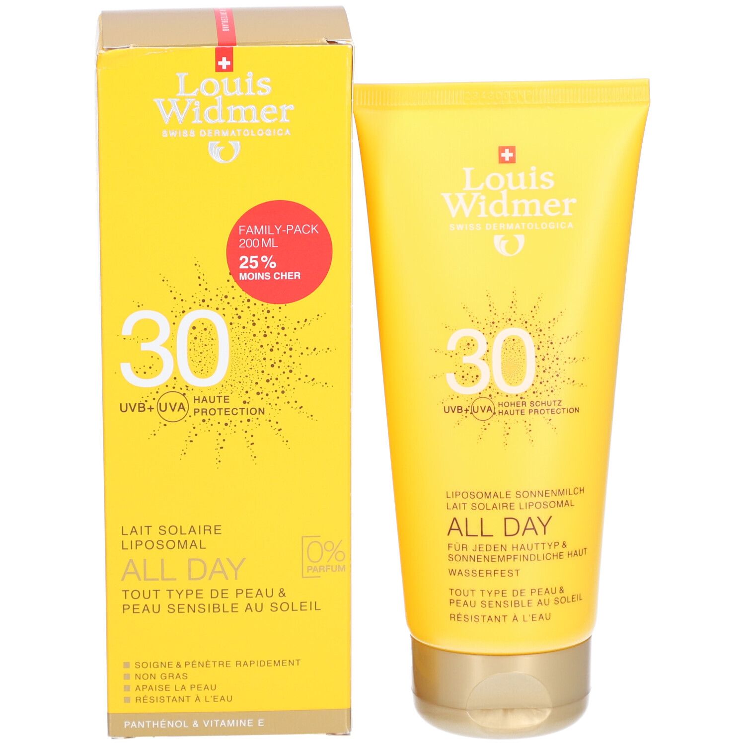 Gele doos en tube zonnebrandcrème. Opschrift: 30, All Day, UVB+UVA Protection. Merk: Louis Widmer. Family-Pack.