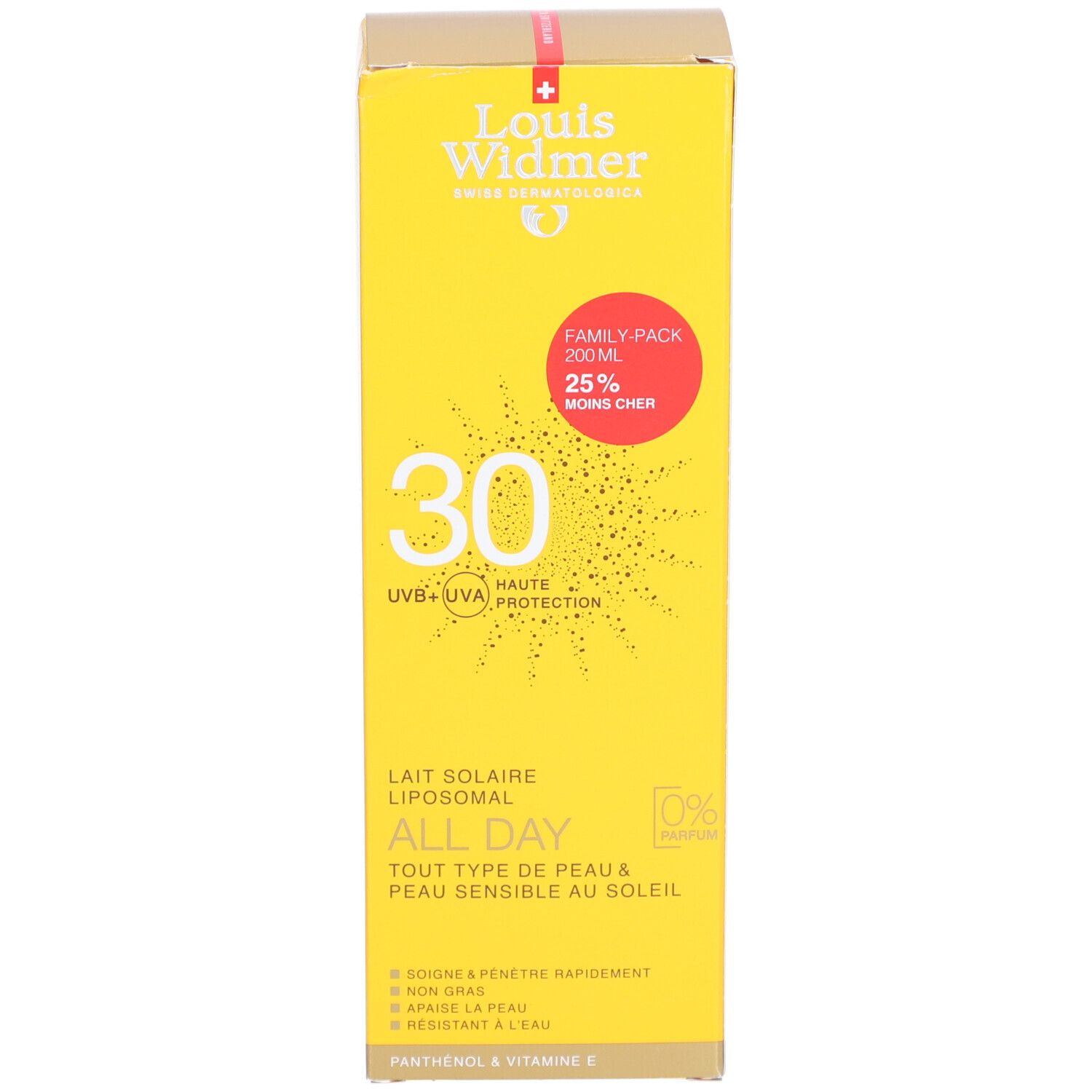 Gele doos zonnebrandcrème. Opschrift: 30, All Day, UVB+UVA Protection. Merk: Louis Widmer. Family-Pack, 25% voordeliger.