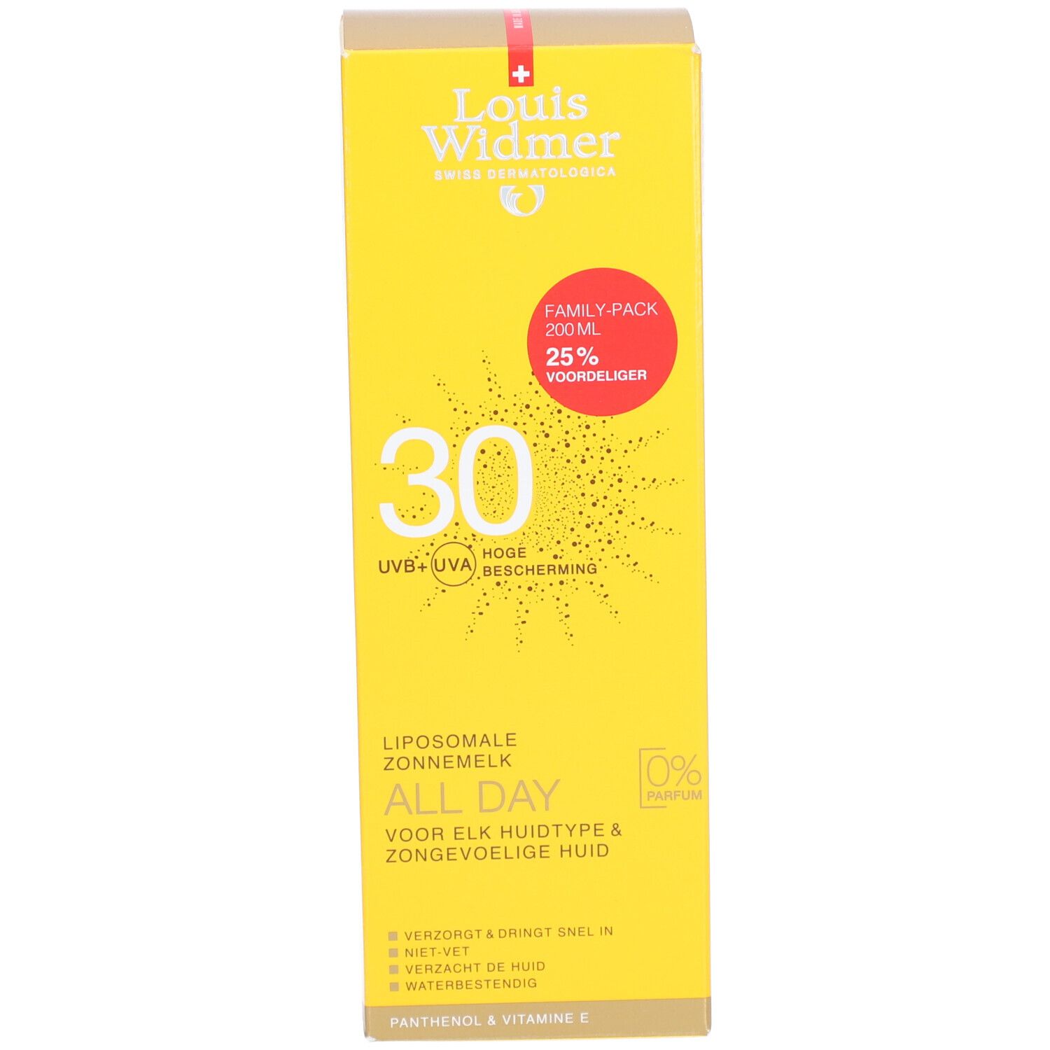 Gele doos zonnebrandcrème. Opschrift: 30, All Day, UVB+UVA Protection. Merk: Louis Widmer. Family-Pack, 25% voordeliger.