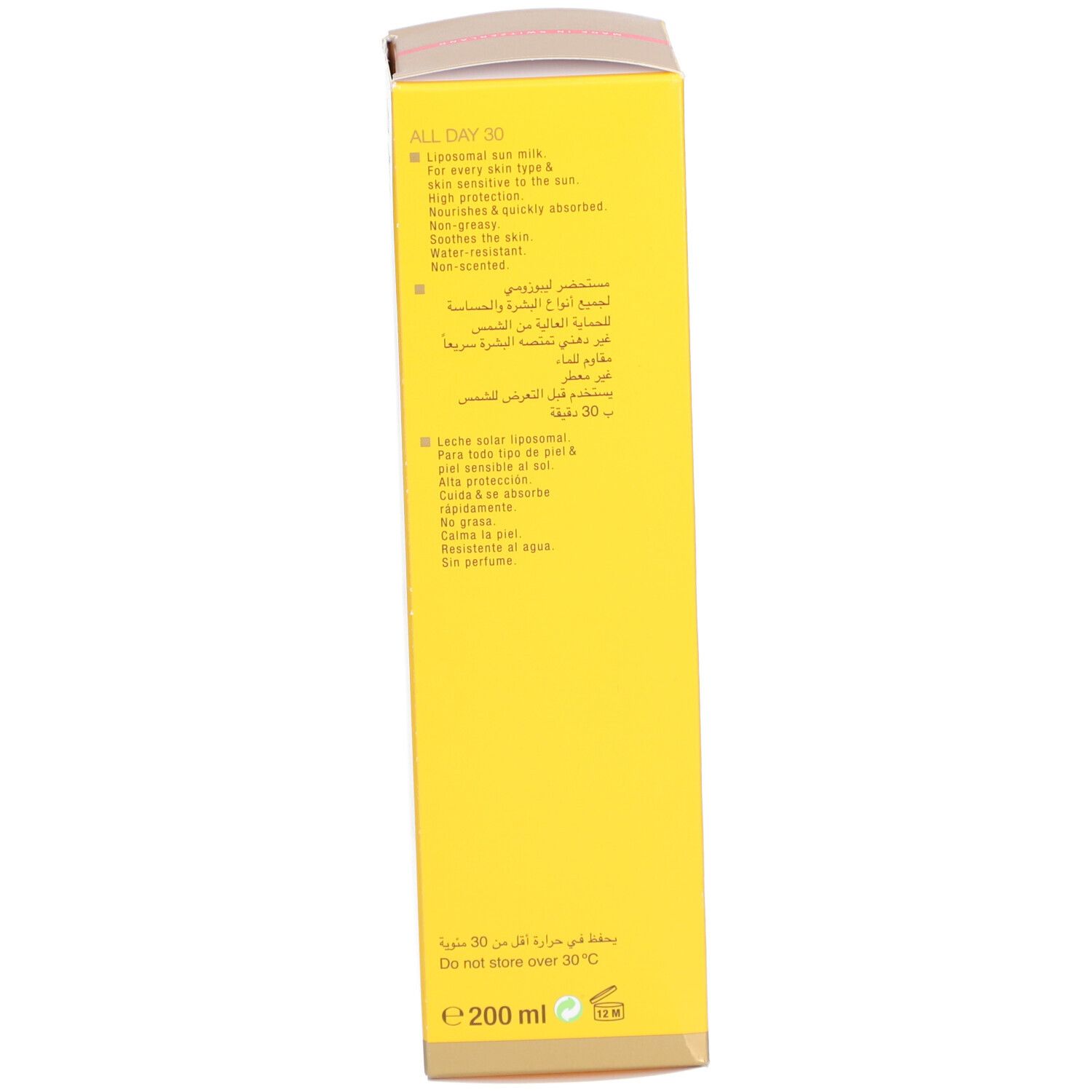 Achterkant van een gele doos met meertalige tekst. Merk: Louis Widmer. Volume: 200 ml. Niet bewaren boven 30°C.