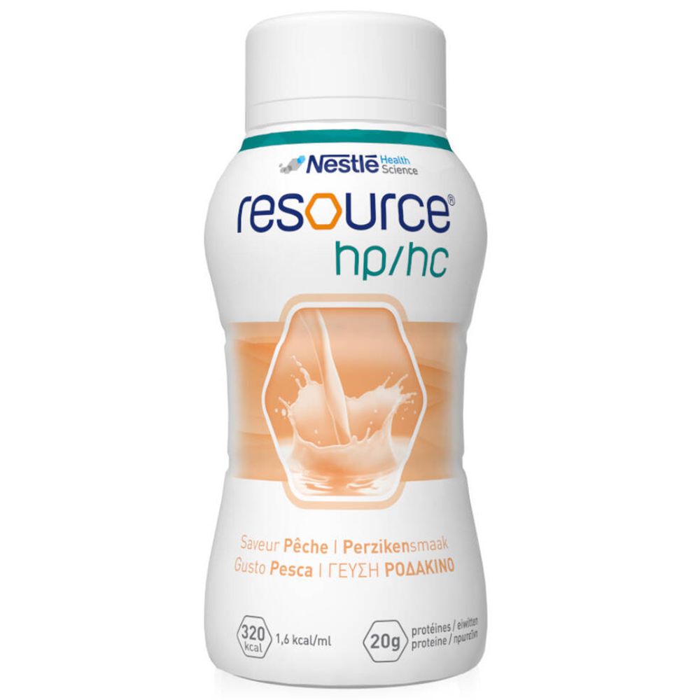 Bouteille blanche saveur pêche. Marque: Resource hp/hc. Contient 20g de protéines. 320 kcal. Texte en plusieurs langues.