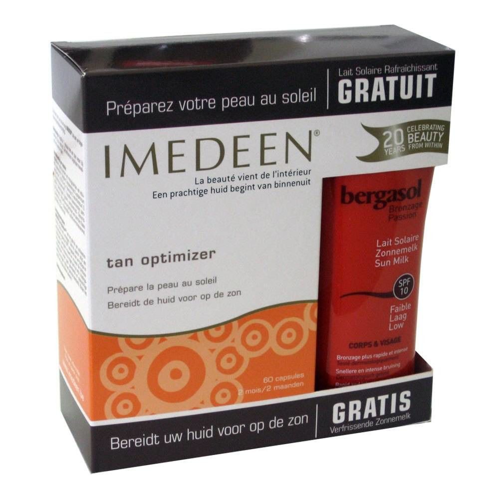 Emballage Imedeen Tan Optimizer et bergasol lait solaire. Inscription : Gratuit. Contient 60 capsules. Avec SPF 10.