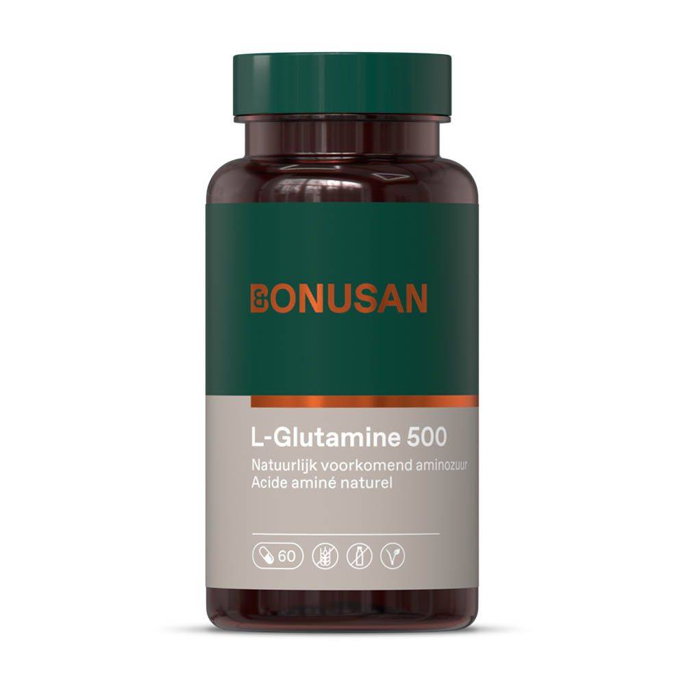 Groene fles met bruine dop. Opschrift: L-Glutamine 500. Merk: Bonusan. 60 capsules. Vegan-keurmerk.