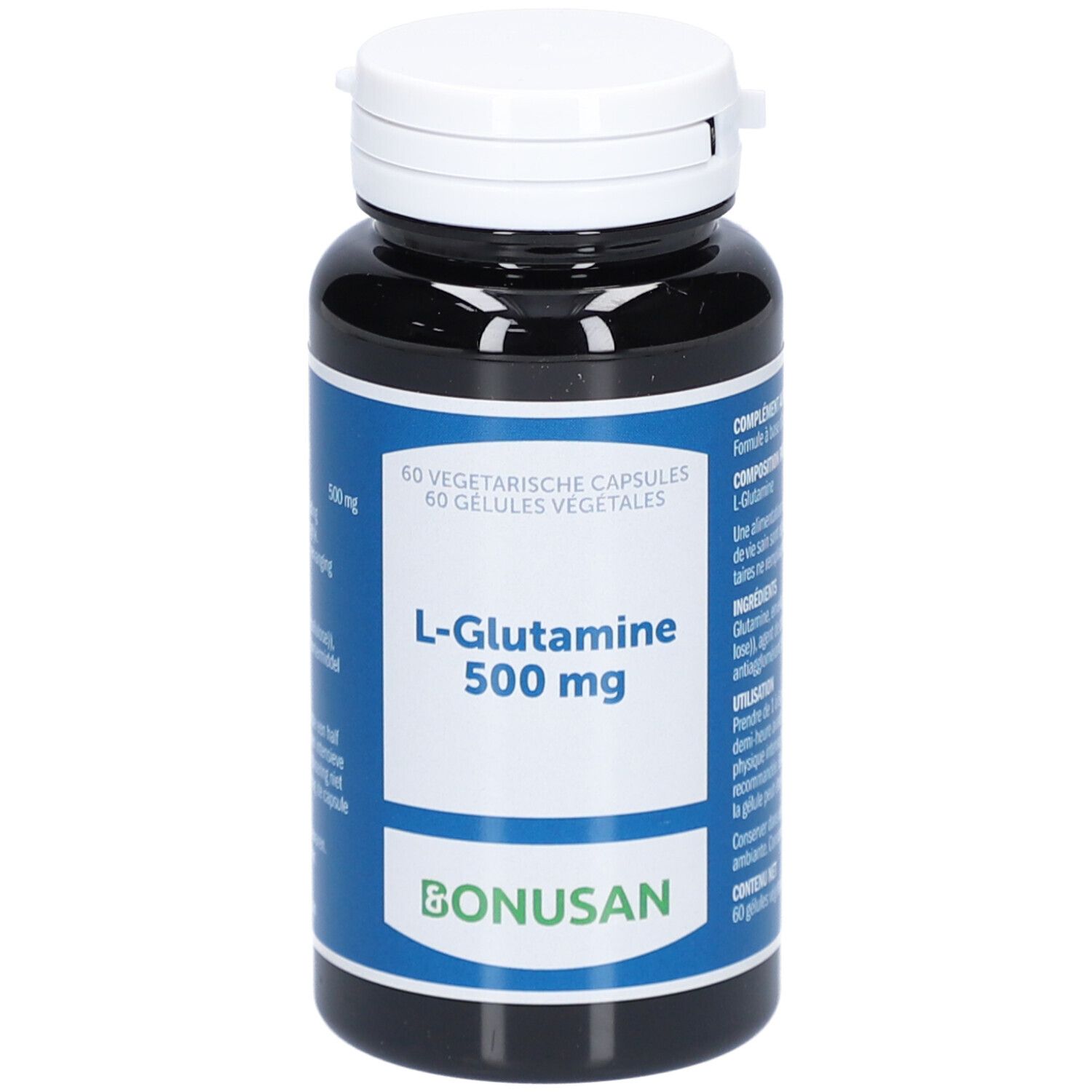 Dunkle Flasche mit weißem Deckel. Aufschrift: L-Glutamin 500 mg. Marke: Bonusan. 60 vegetarische Kapseln.