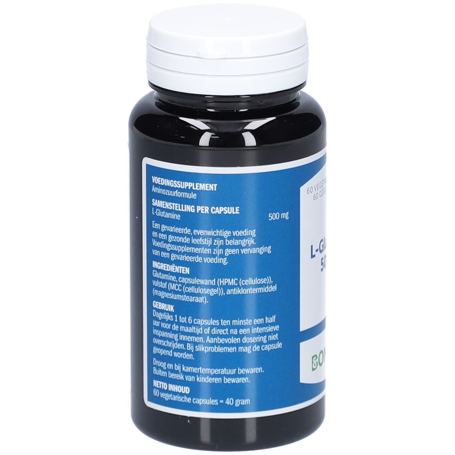 Dunkle Flasche mit weißem Deckel. Aufschrift: L-Glutamin 500 mg. Rückseite mit Produktinformationen. Marke: Bonusan.