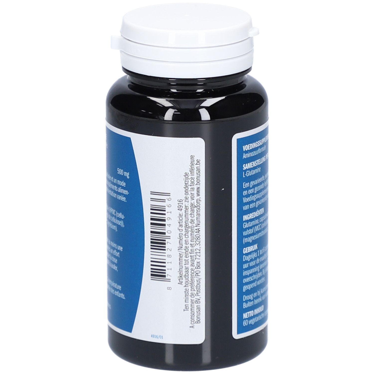 Dunkle Flasche mit weißem Deckel. Aufschrift: L-Glutamin 500 mg. Rückseite mit Produktinformationen. Marke: Bonusan.