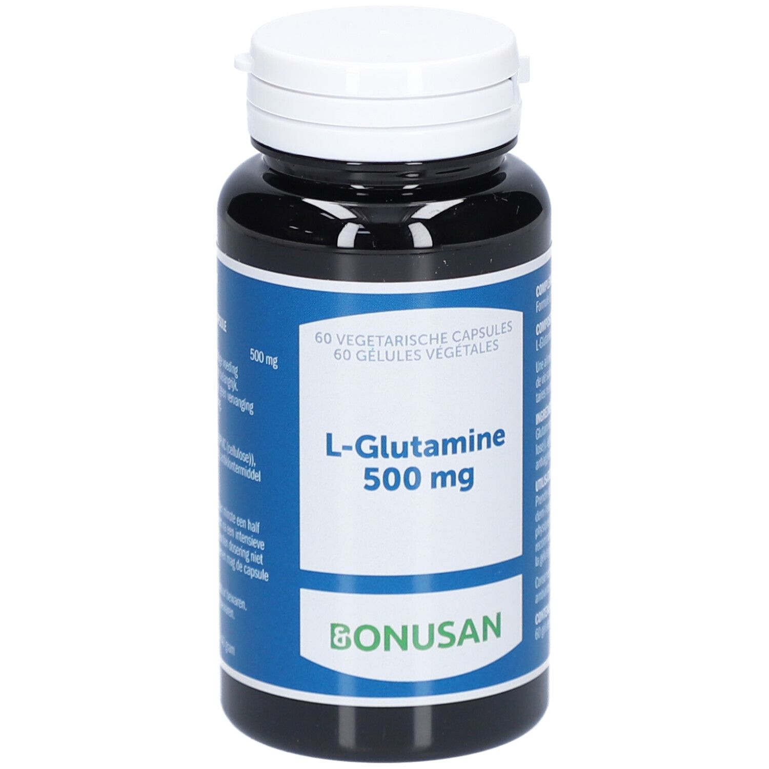 Dunkle Flasche mit weißem Deckel. Aufschrift: L-Glutamin 500 mg. Marke: Bonusan. 60 vegetarische Kapseln.