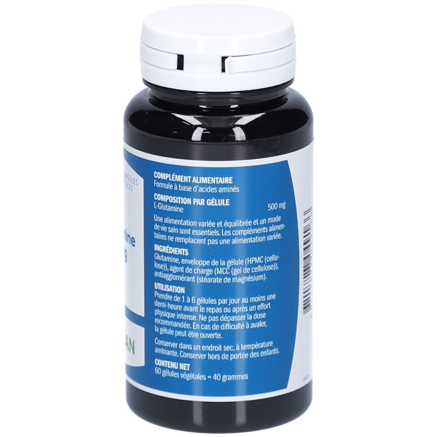 Dunkle Flasche mit weißem Deckel. Aufschrift: L-Glutamin 500 mg. Rückseite mit Produktinformationen. Marke: Bonusan.